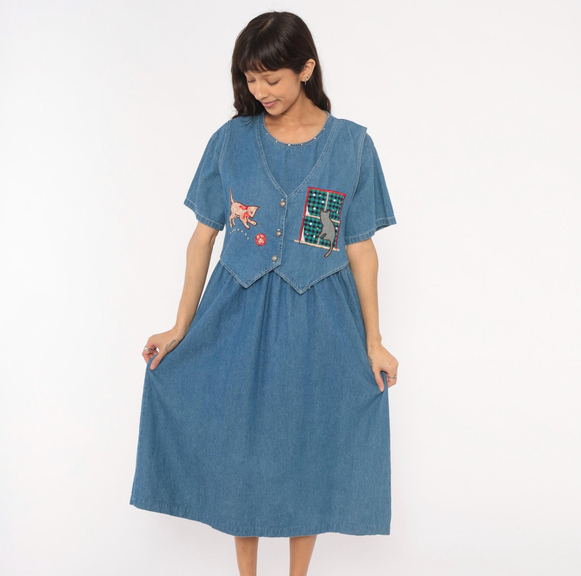 90s Miss & Mrs Cat Denim Midi Dress Patchwork Kitten Window V-Neck Cotton Large L