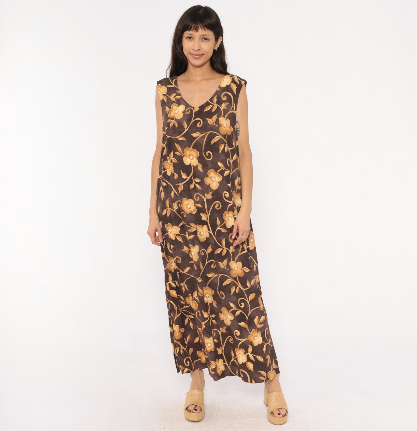 90s AGB Floral Maxi Dress Brown Gold Vine Sleeveless V Neck Plus Size XXL