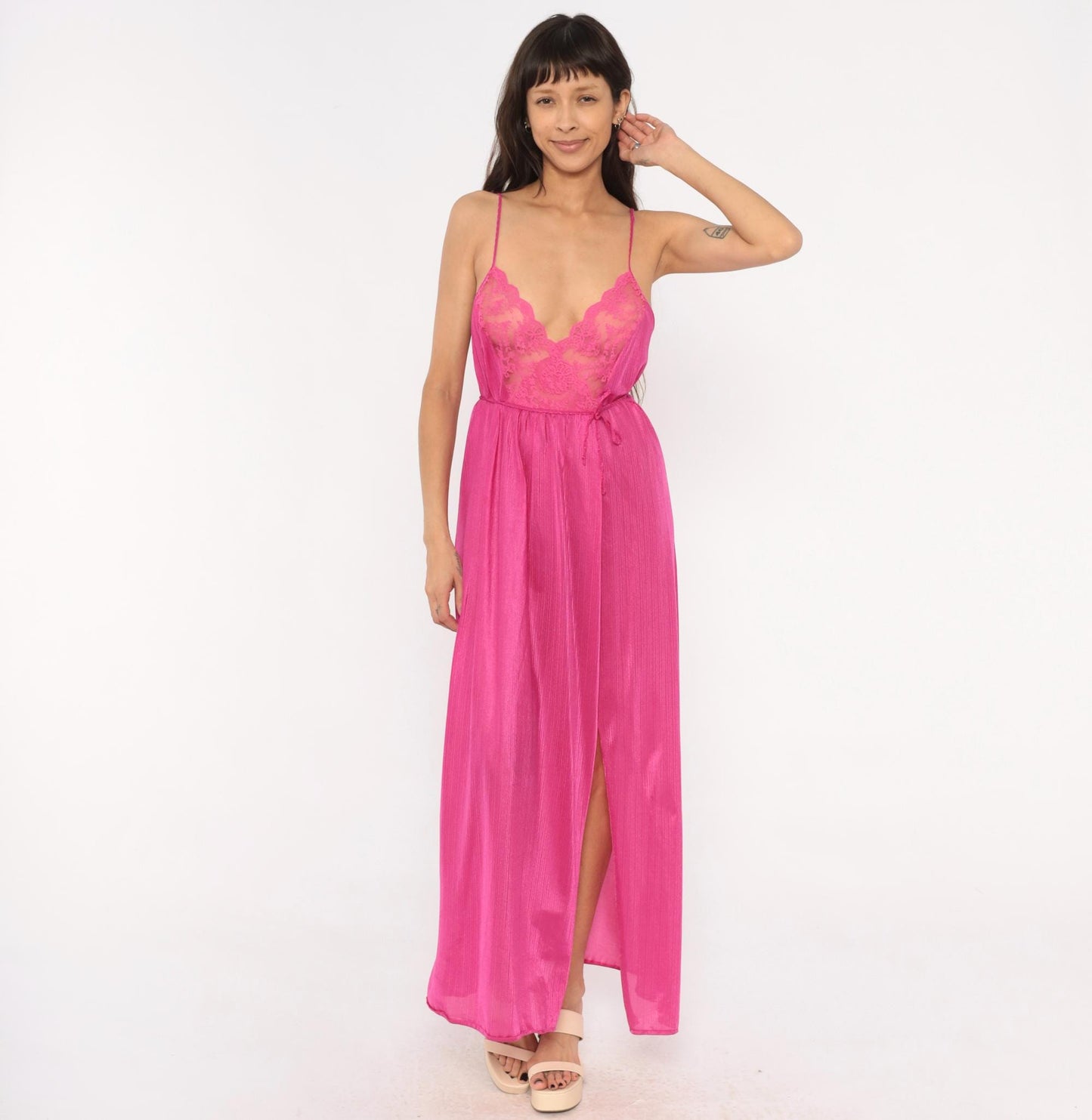 70s Pollinaise Hot Pink Lace Maxi Nightgown Spaghetti Strap Empire Waist Large L