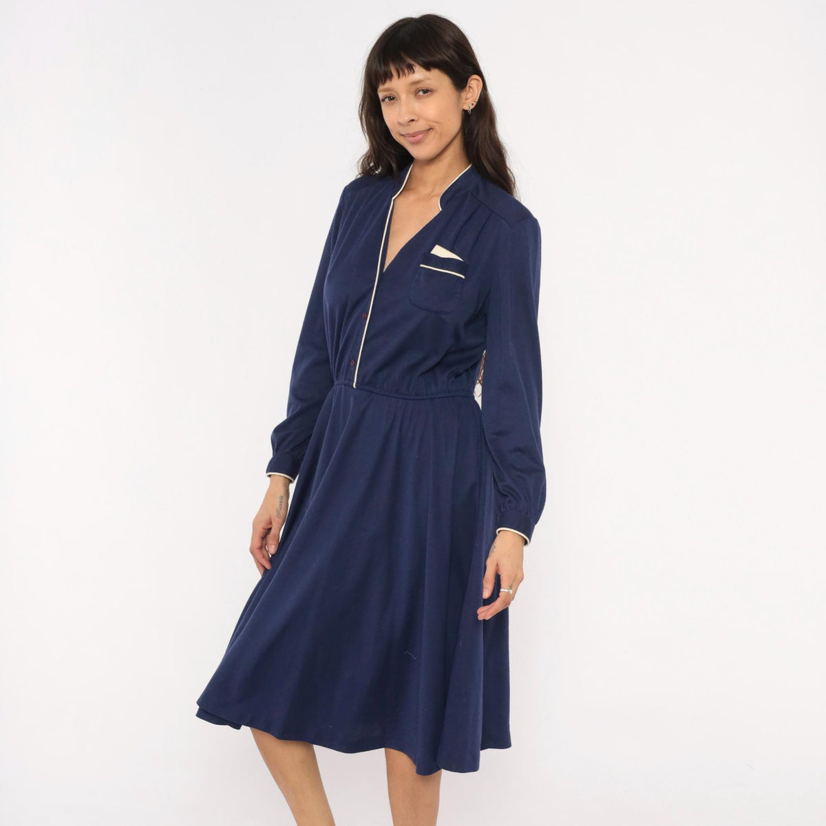 80s Ms. Sugar Navy Cotton Dress V-Neck Button Front Blouson Sleeve Medium Large