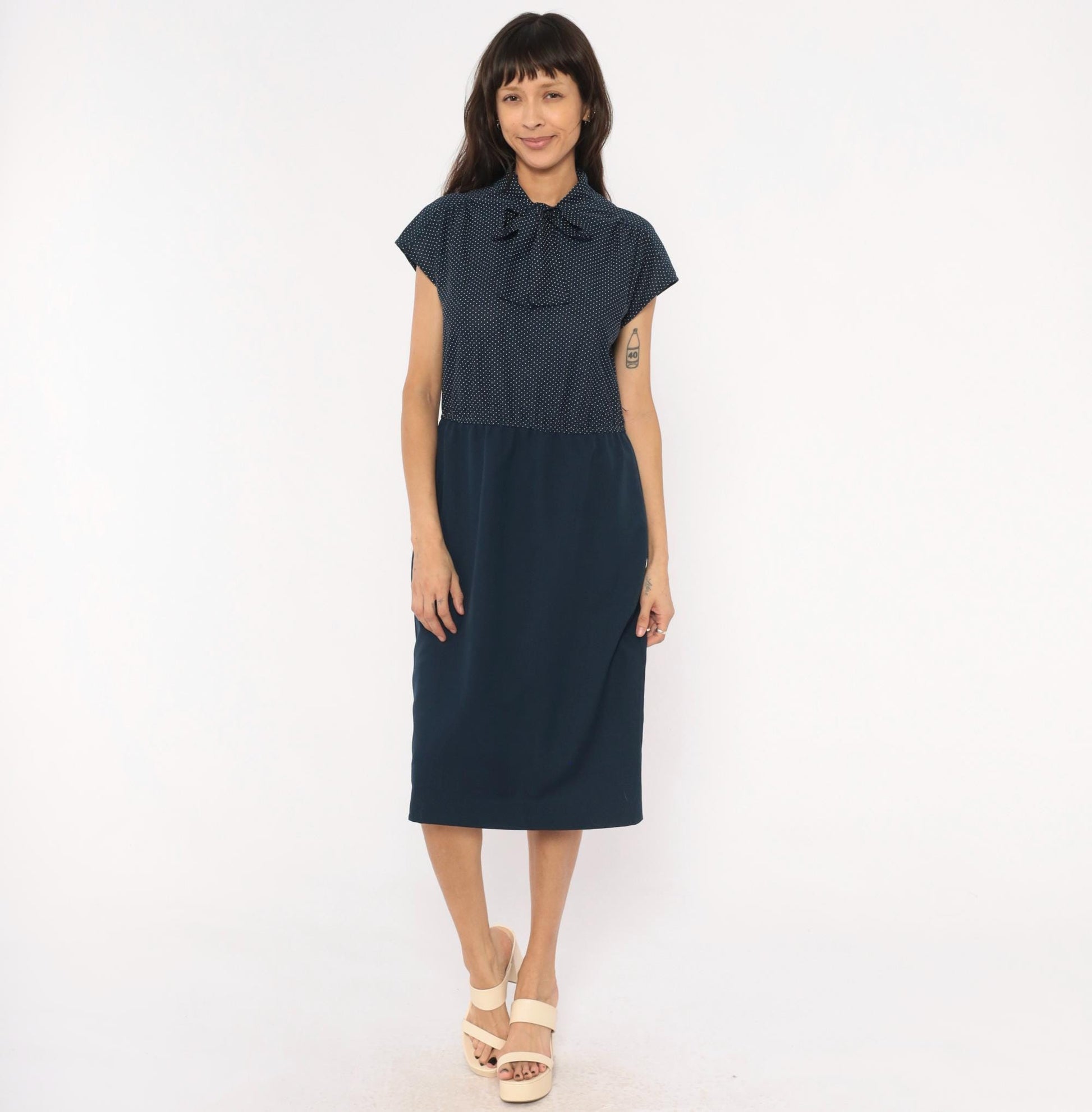 70s Navy White Polka Dot Bow Neck Dress Cap Sleeve Knee-Length Medium