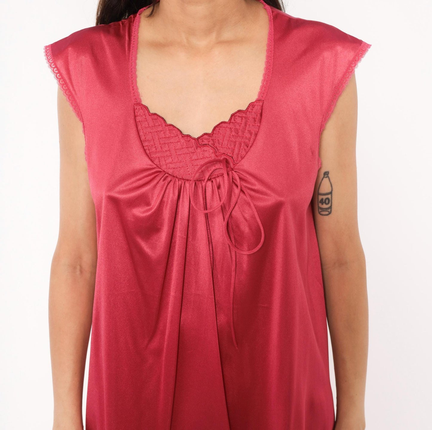 80s JCPenney Burgundy Nightgown Scalloped Yoke Cap Sleeve Knee-Length Medium