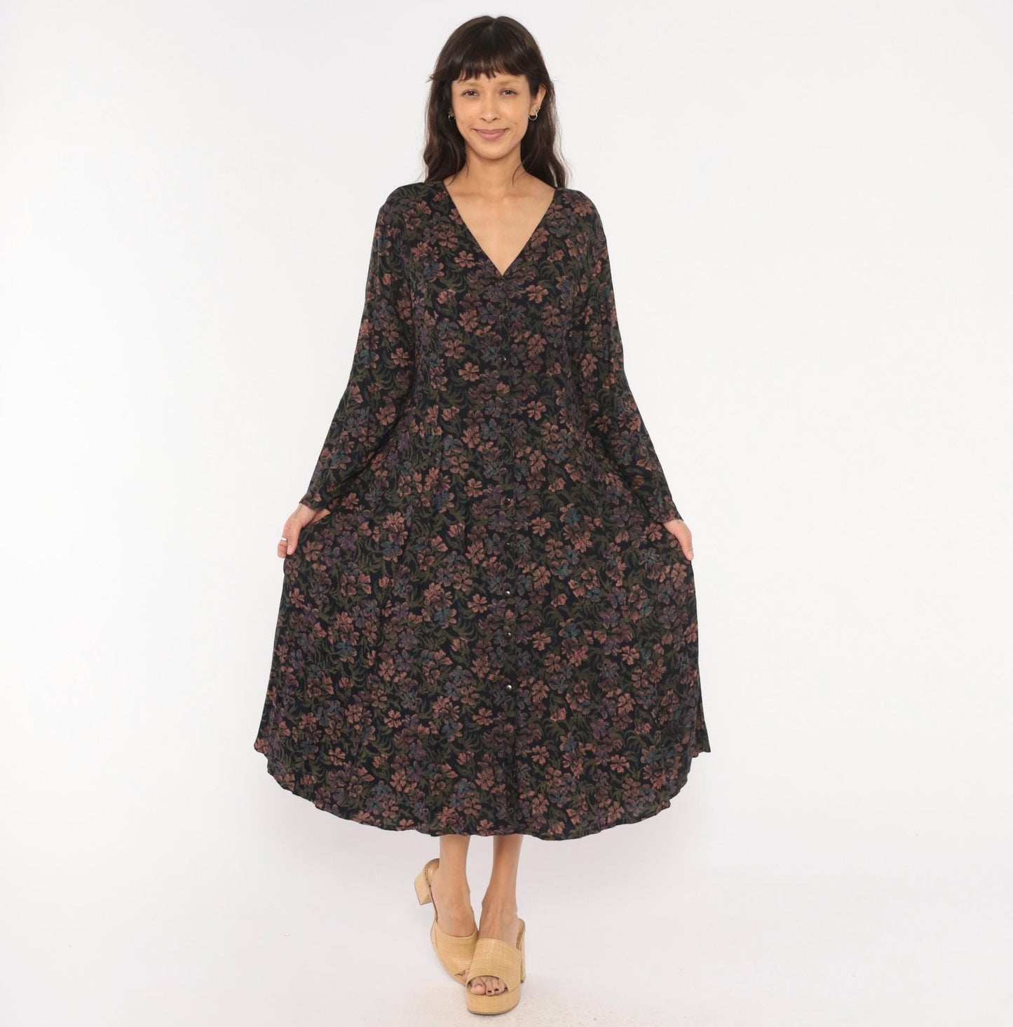 90s Dark Floral Midi Dress V-Neck Button Front Long Sleeve Black Large L