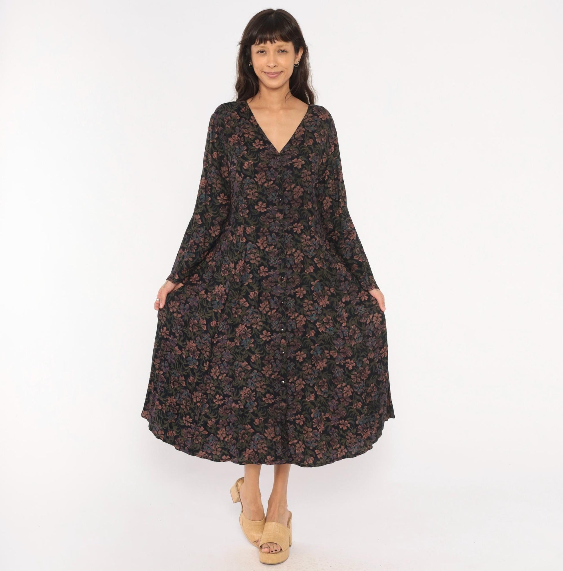 90s Dark Floral Midi Dress V-Neck Button Front Long Sleeve Black Large L