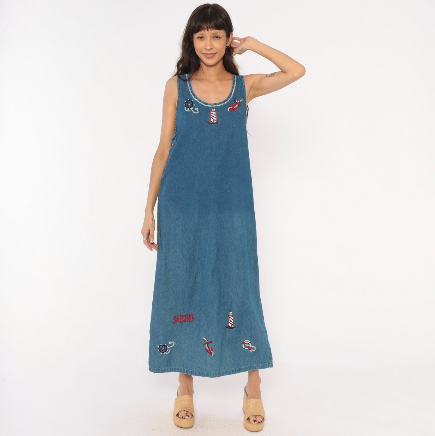 90s Keren Hart Nautical Denim Maxi Dress Embroidered Lighthouse Anchor Medium M