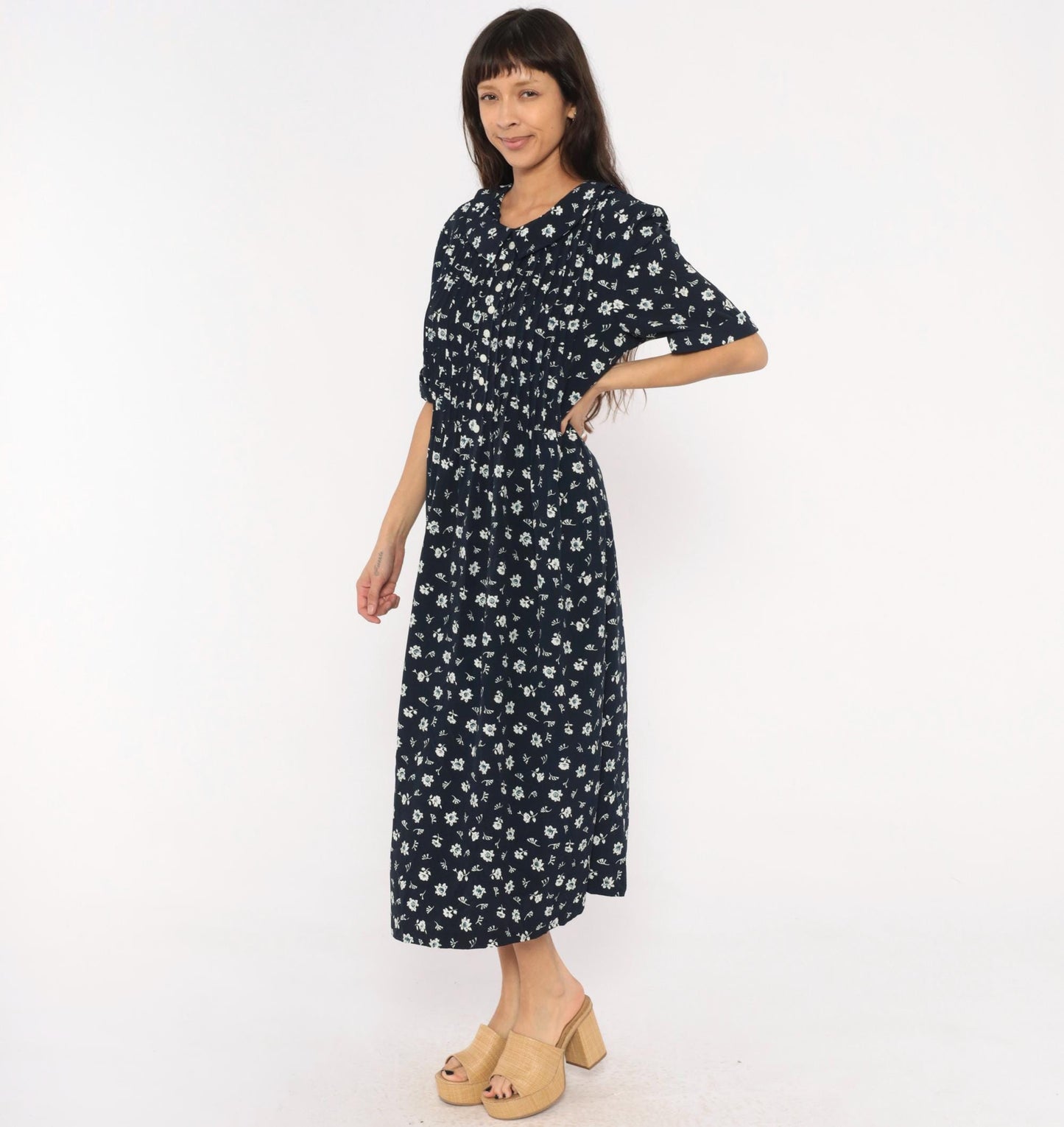 90s Kathie Lee Navy Floral Midi Dress Peter Pan Collar Pintuck Bodice Large L