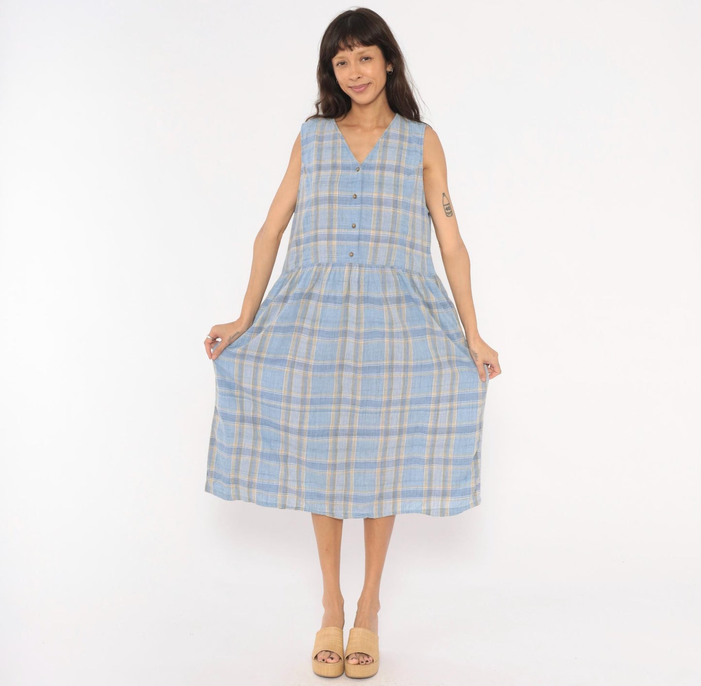 90s Lands' End Blue Plaid Cotton Midi Sundress Button Front Large L