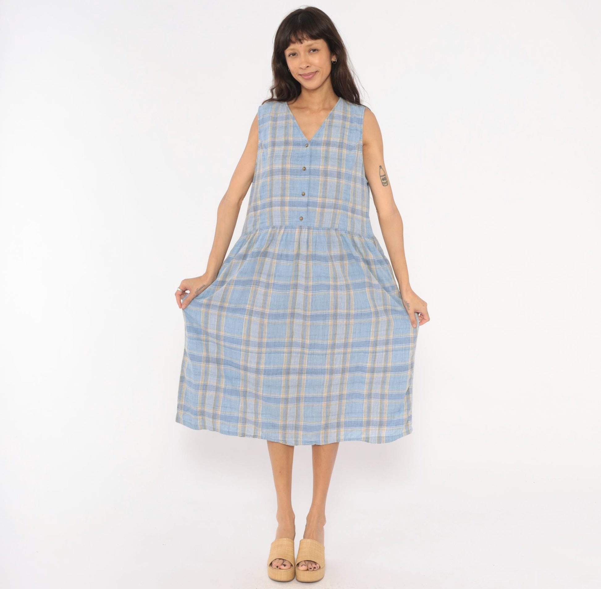 90s Lands' End Blue Plaid Cotton Midi Sundress Button Front Large L