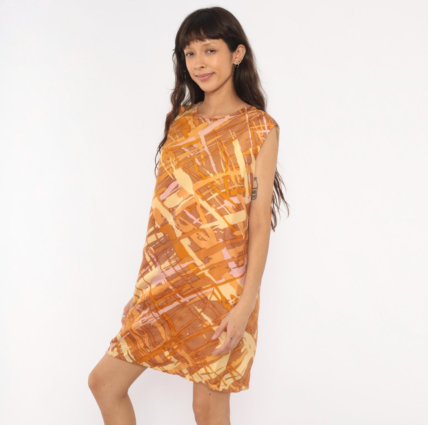 60s Mod Abstract Brushstroke Shift Dress Sleeveless Knee-Length Orange Brown Large L