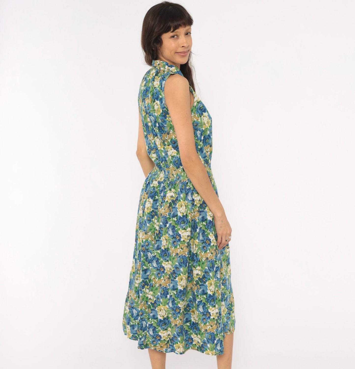 90s Penbrooke Lane Floral Shirtdress Midi Collared Sleeveless Blue Rose Medium M