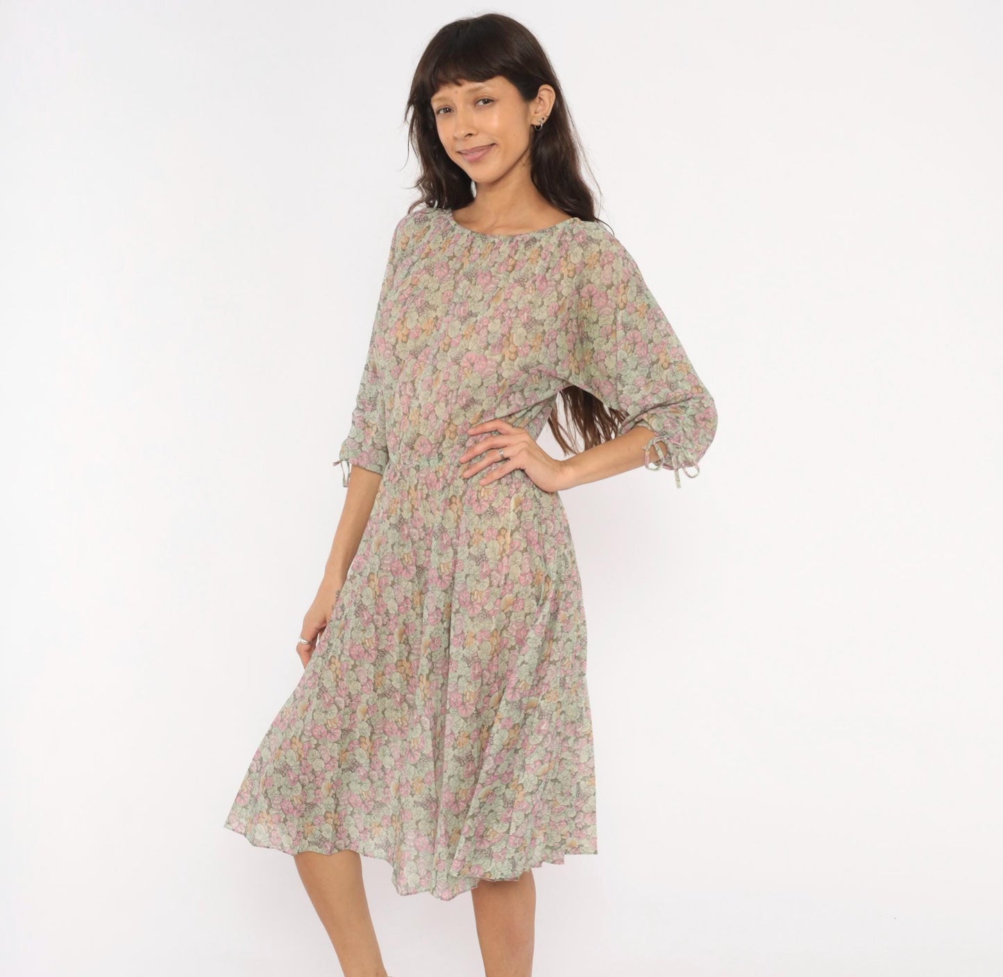 70s Bleeker Petites Floral Blouson Dress Pink Sage Green Tie Sleeve Small Medium