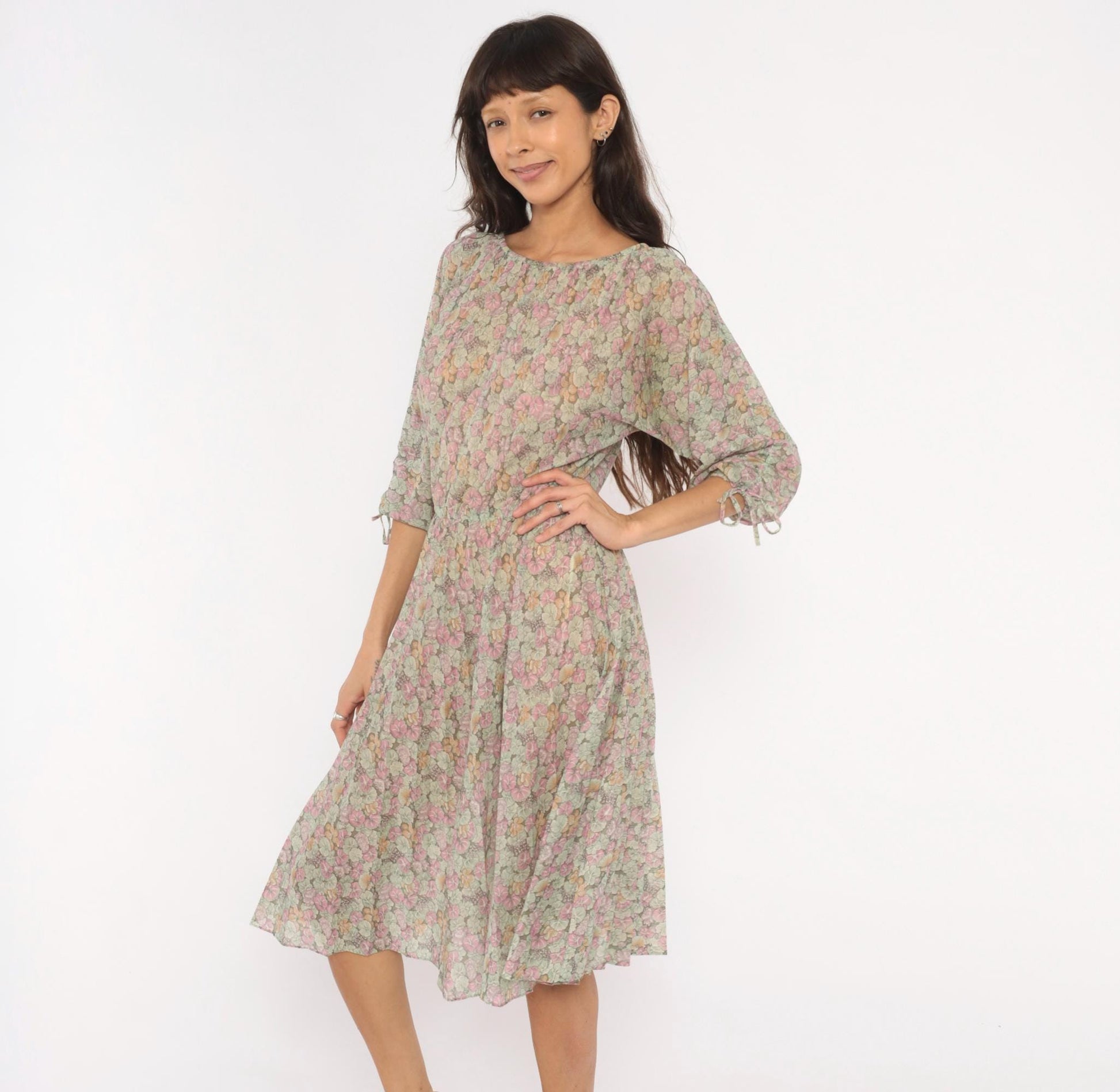 70s Bleeker Petites Floral Blouson Dress Pink Sage Green Tie Sleeve Small Medium