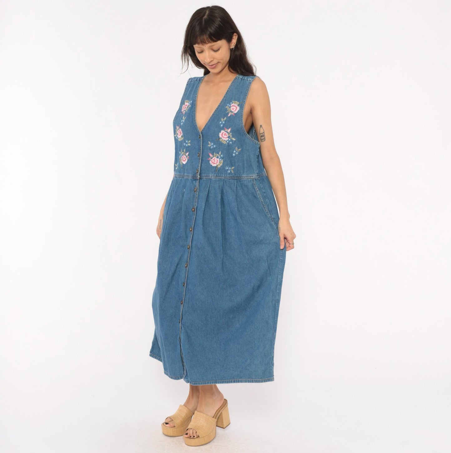 90s Casual Corner Denim Maxi Dress Floral Embroidered V-Neck Button Front Large