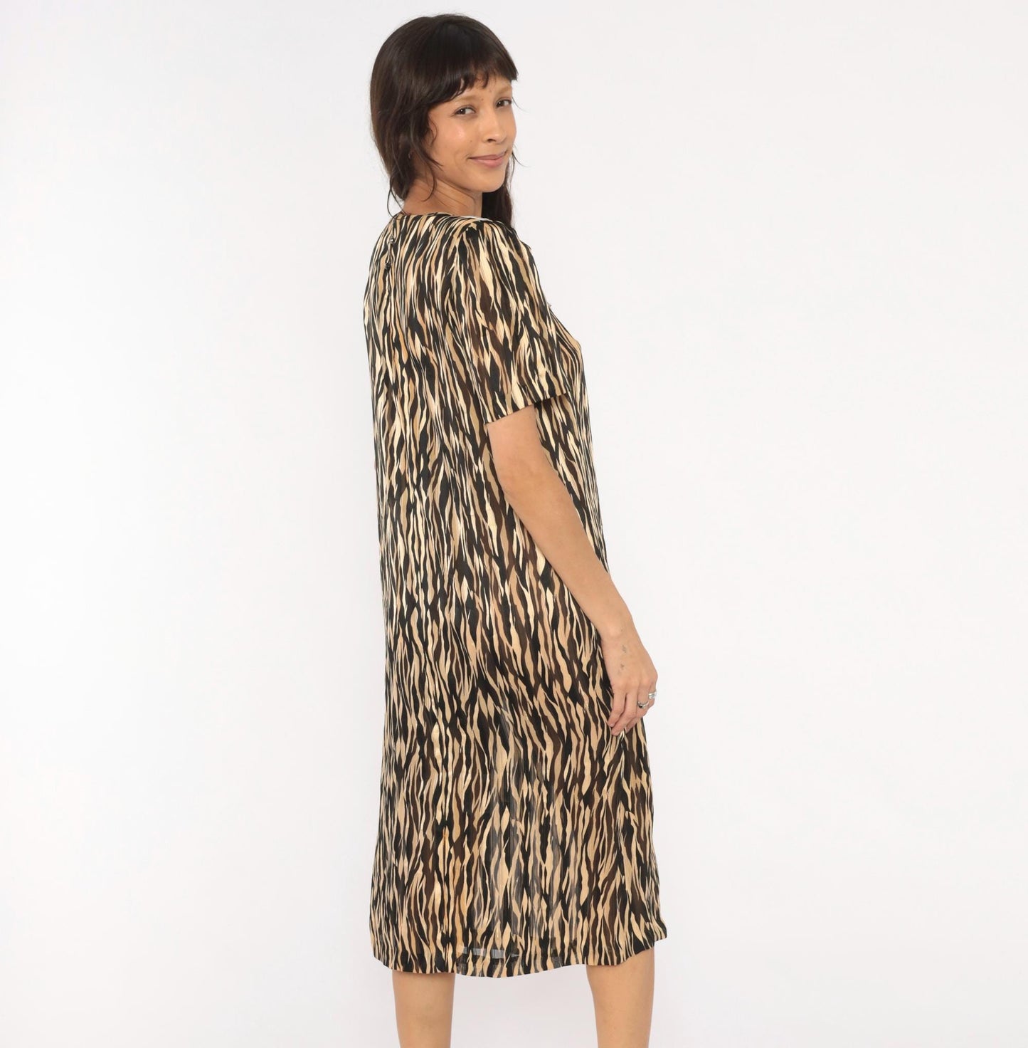 80s Animal Print Shift Dress Peter Pan Collar Tiger Stripe Midi Small