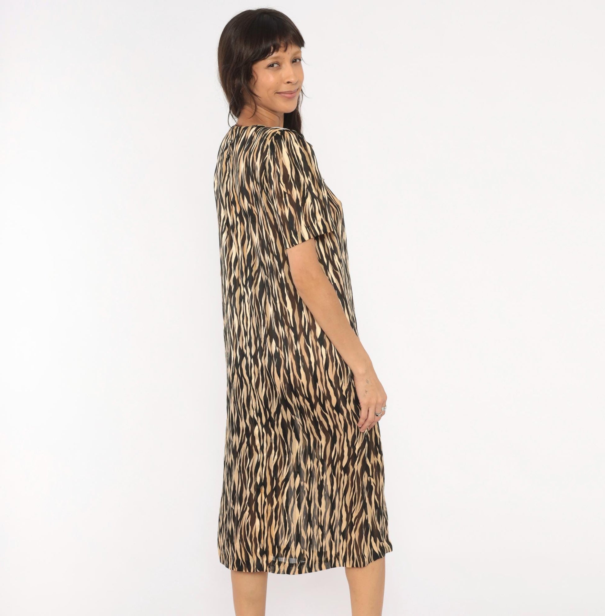 80s Animal Print Shift Dress Peter Pan Collar Tiger Stripe Midi Small
