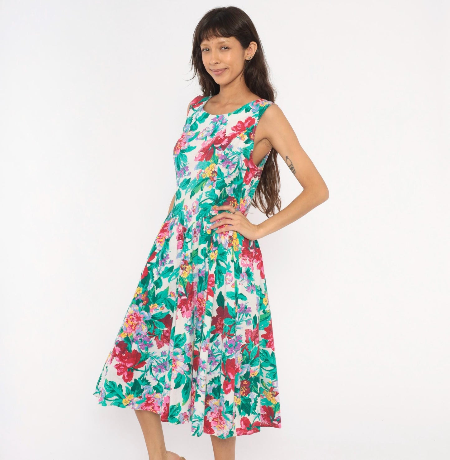 90s Brittany Nicole Floral Midi Sundress Cotton Peony Print Cream Large Petite
