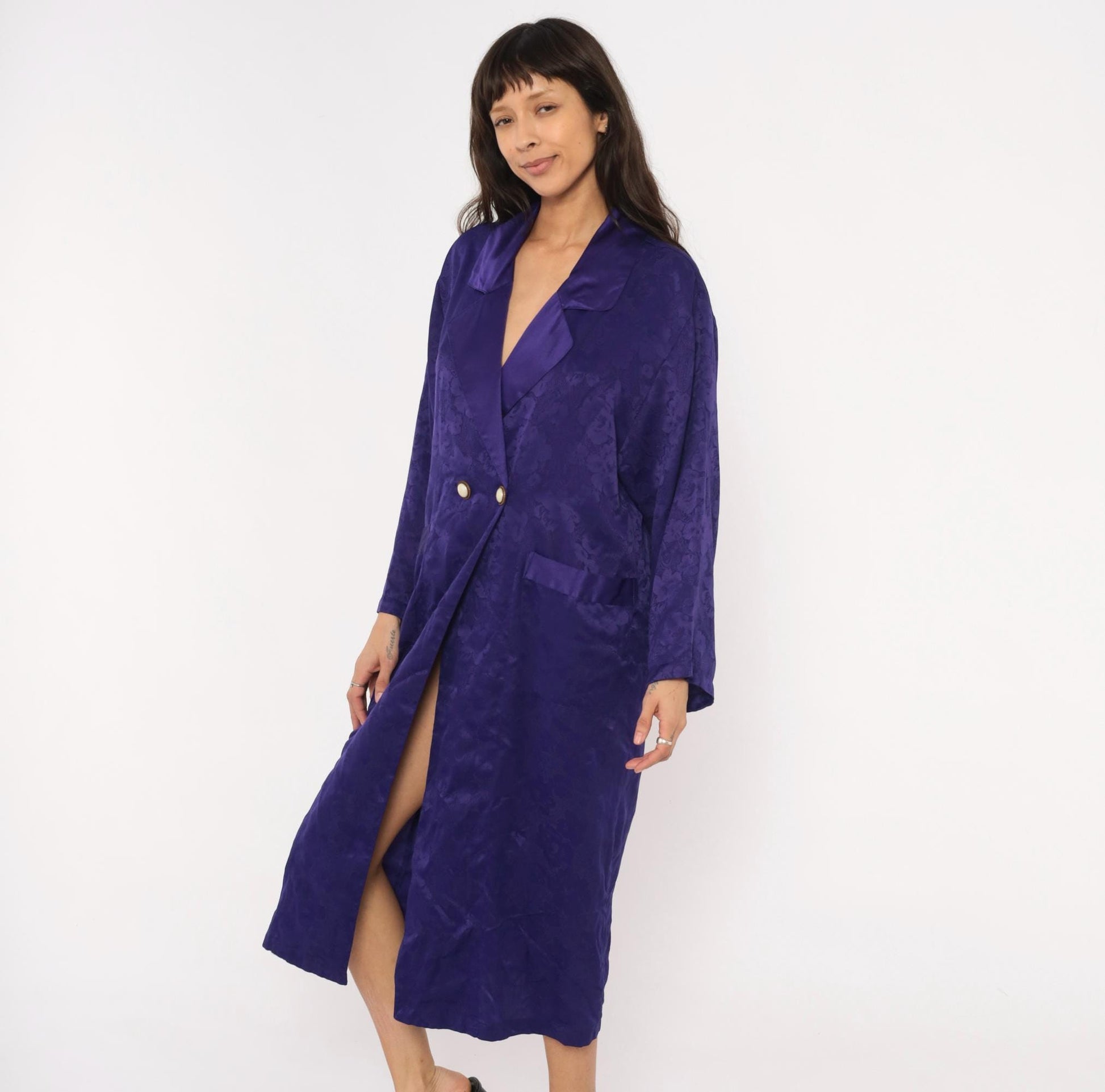 90s Victoria's Secret Purple Jacquard Midi Robe Double Breasted Satin Lapel Small