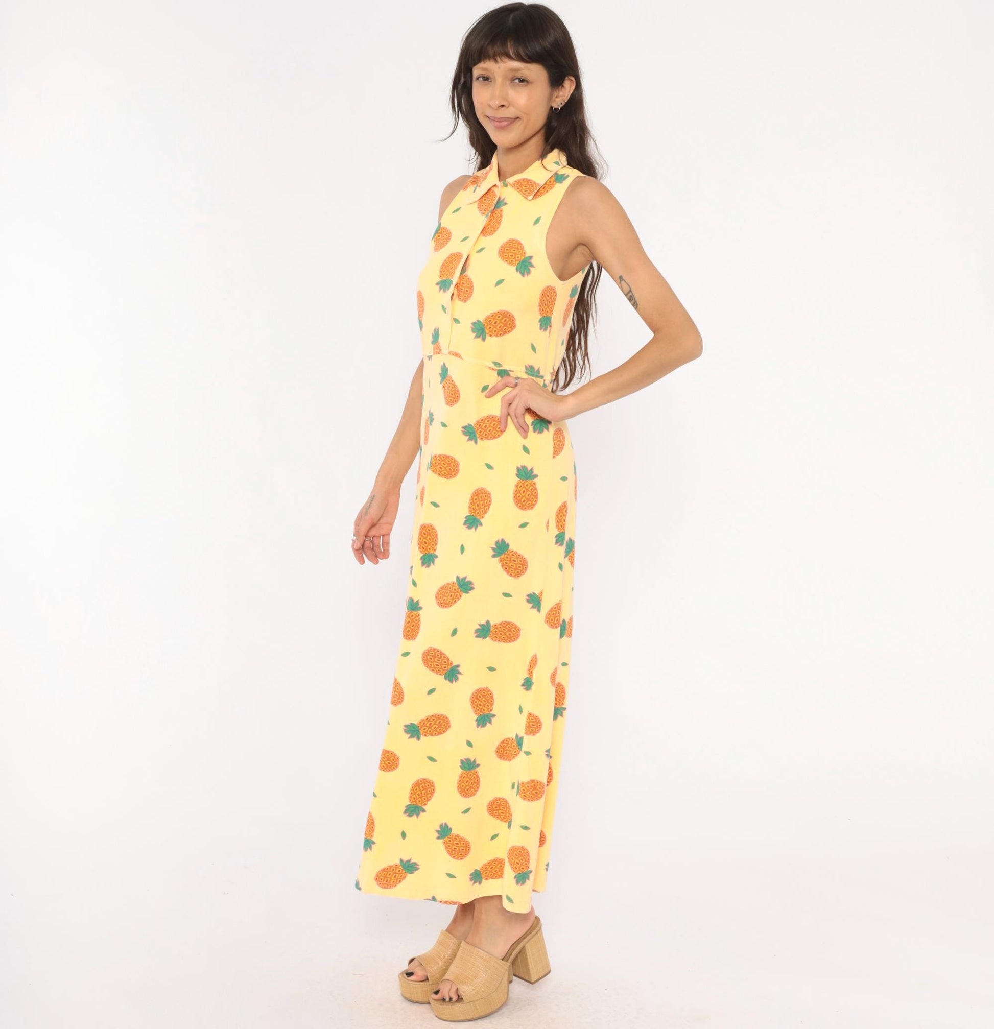 90s Zip Code Pineapple Print Maxi Dress Yellow Cotton Sleeveless Small