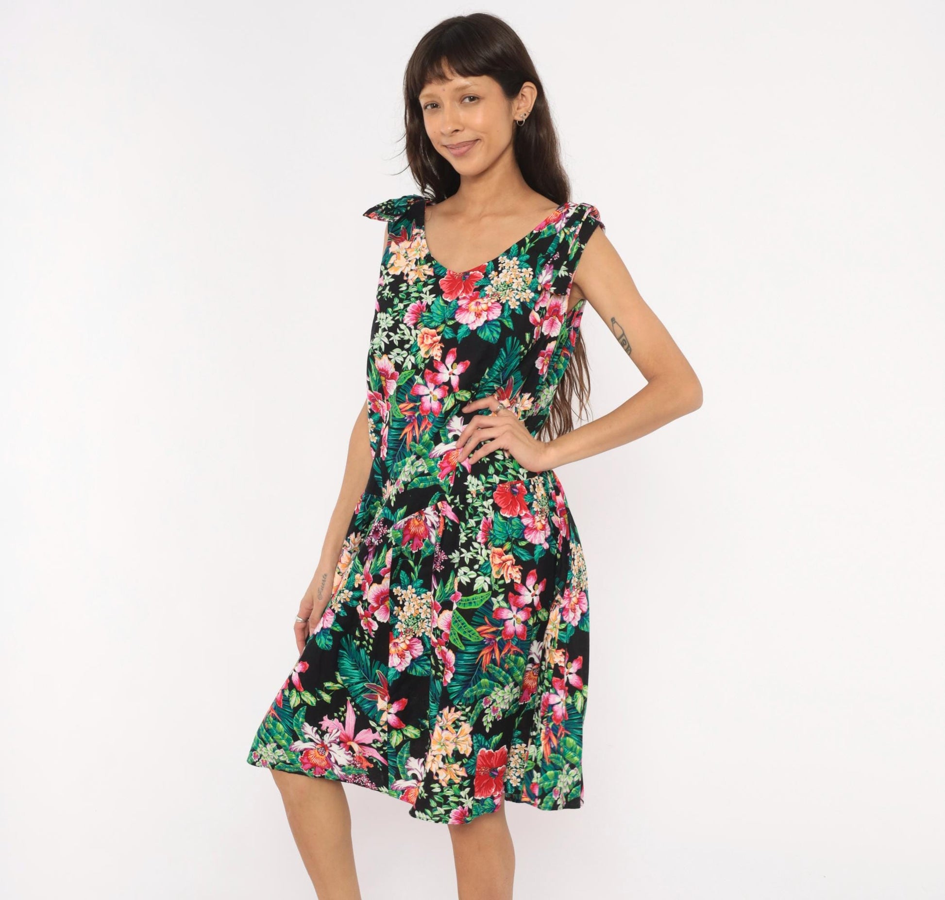 90s D.L. Originals Tropical Floral Sundress Black Pink Cotton Plus Size 1X