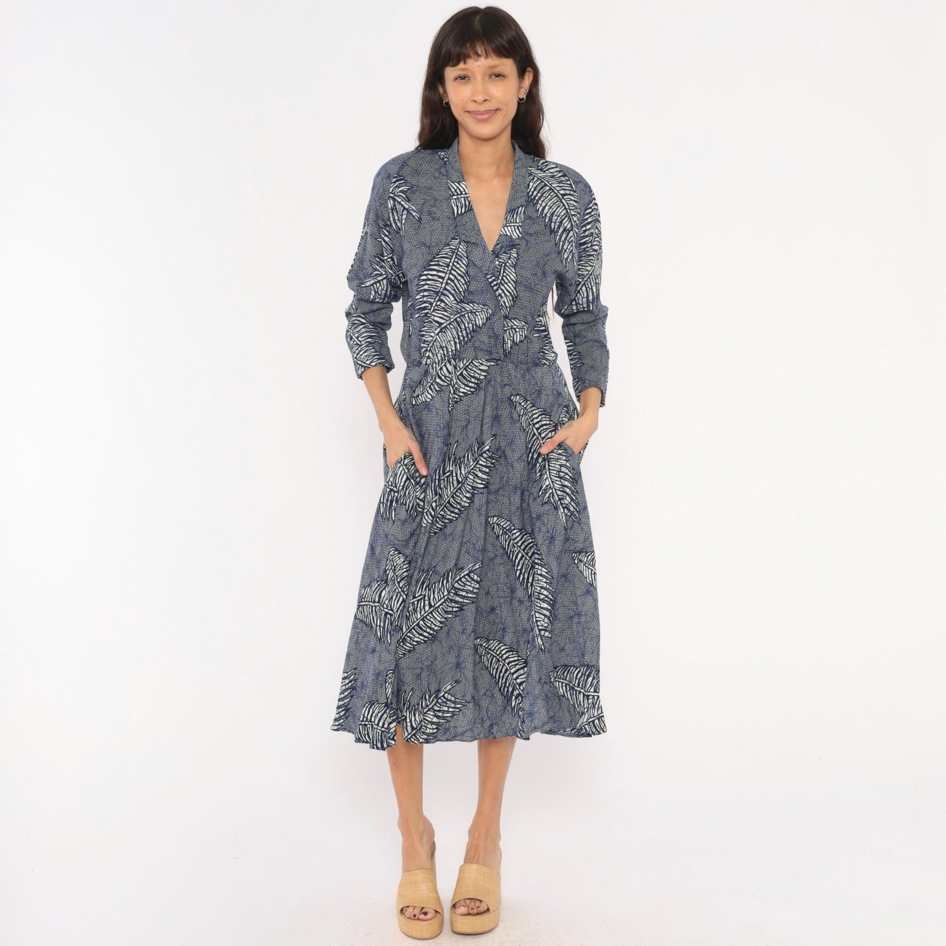 90s Kono Fern Leaf Wrap Dress Cobalt Navy Midi A-Line Small S