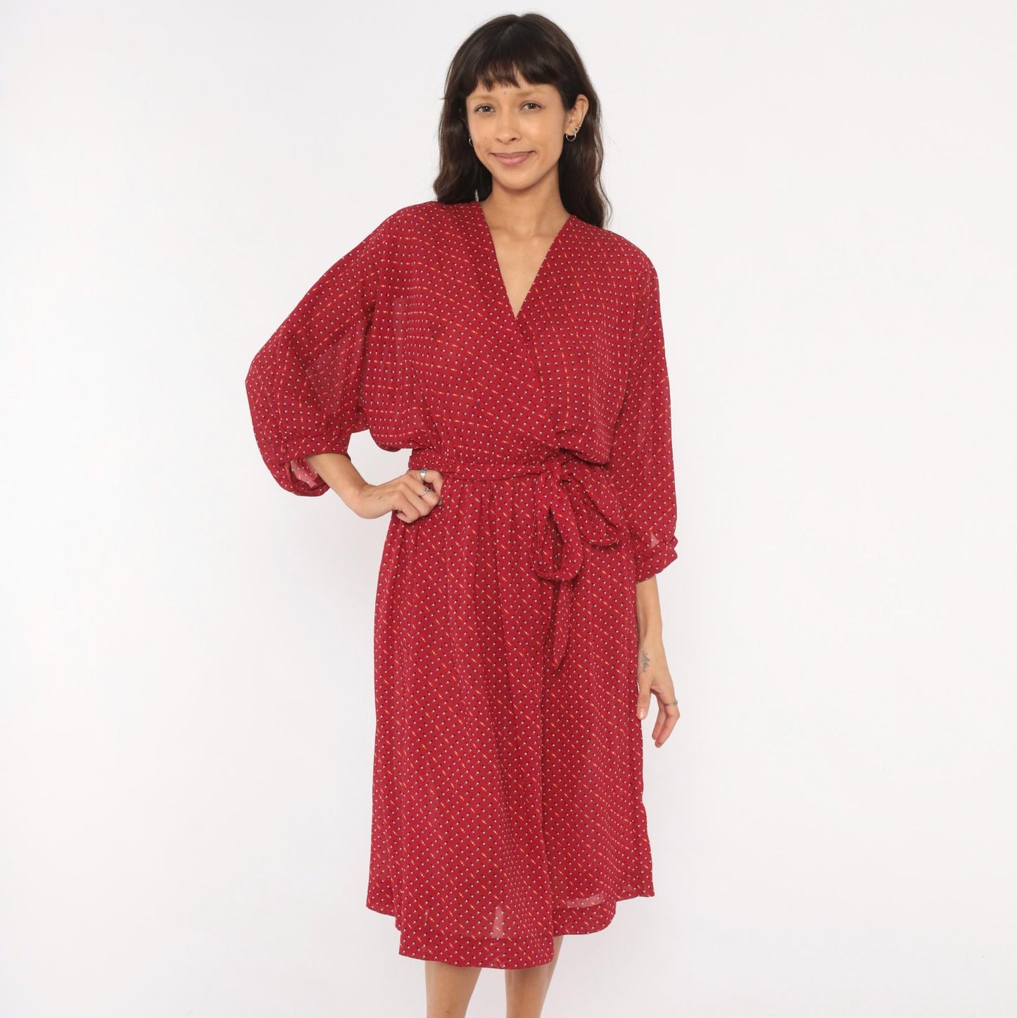 80s Virgo Il Burgundy Wrap Dress Dotted Print Knee-Length V-Neck Extra Large