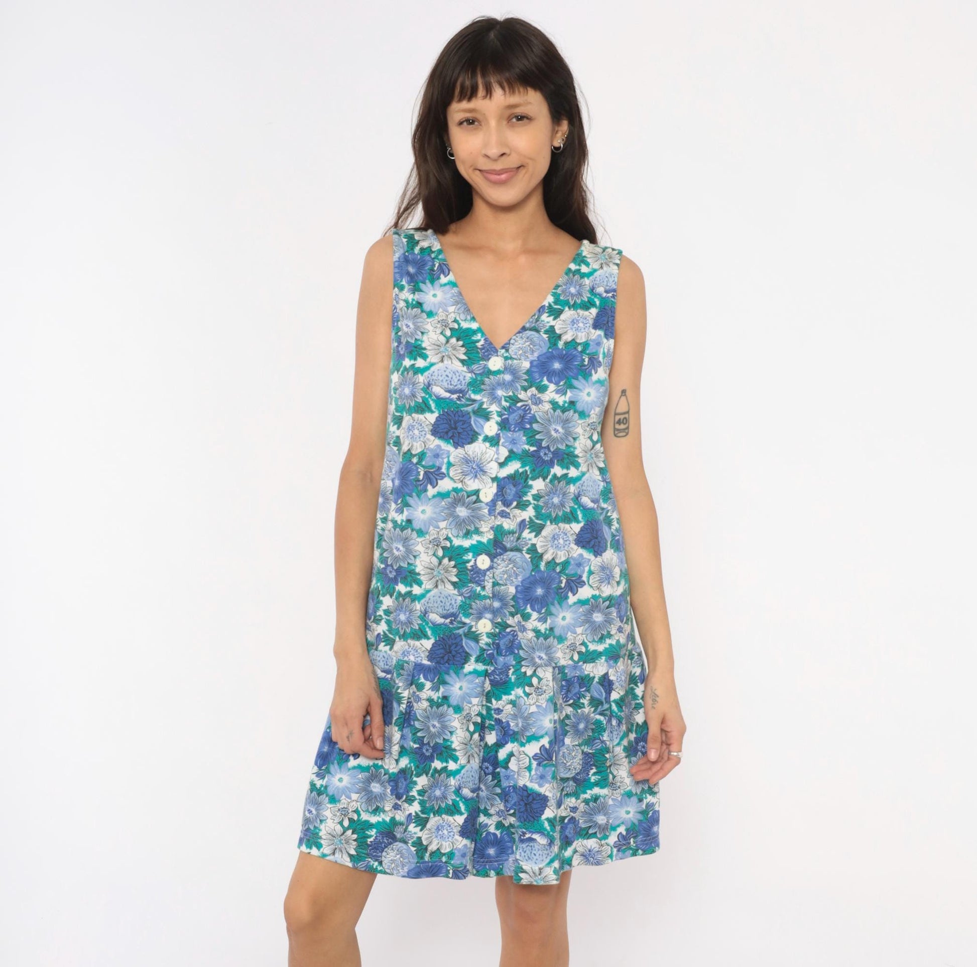 90s Floral Romper Blue Teal White Button Front V Neck Sleeveless Cotton Playsuit Medium M