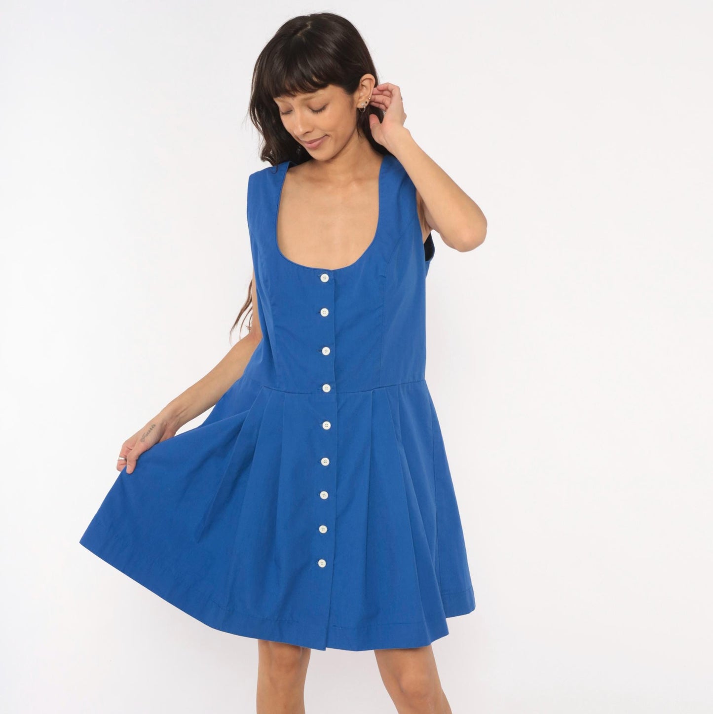 90s Cobalt Blue Button Front Dress Scoop Neck Pleated A-Line Knee Length Large