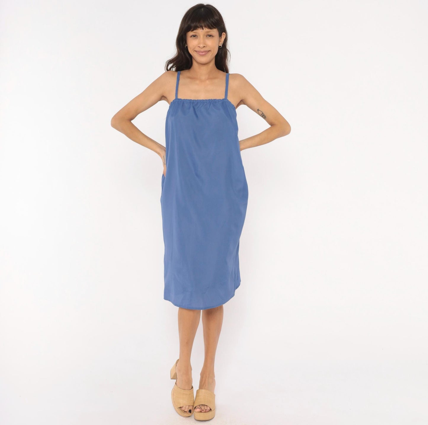 80s Periwinkle Blue Slip Dress Spaghetti Strap Knee-Length Cami Small