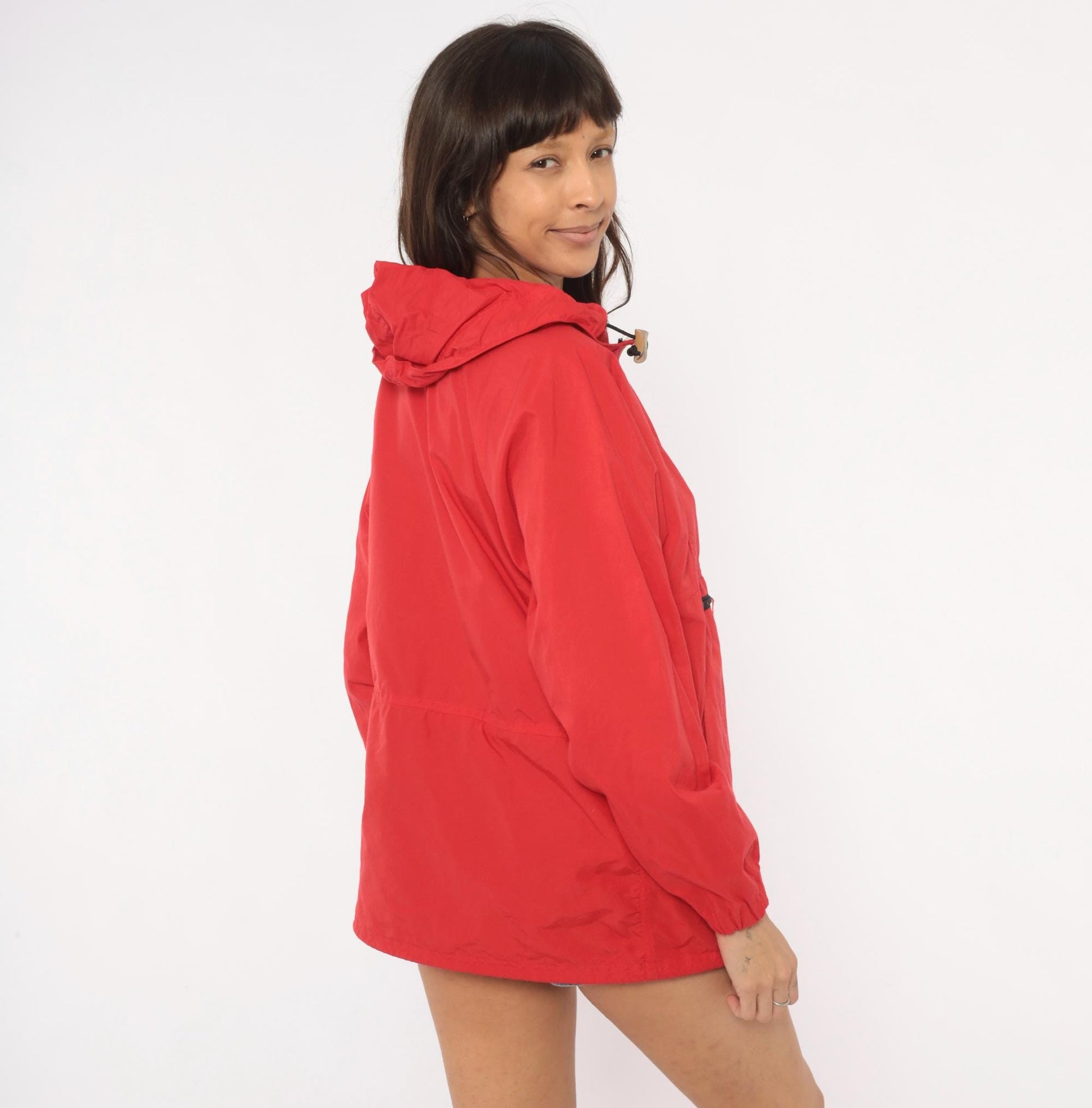 80s L.L.Bean Red Anorak Half-Zip Hooded Windbreaker Medium M