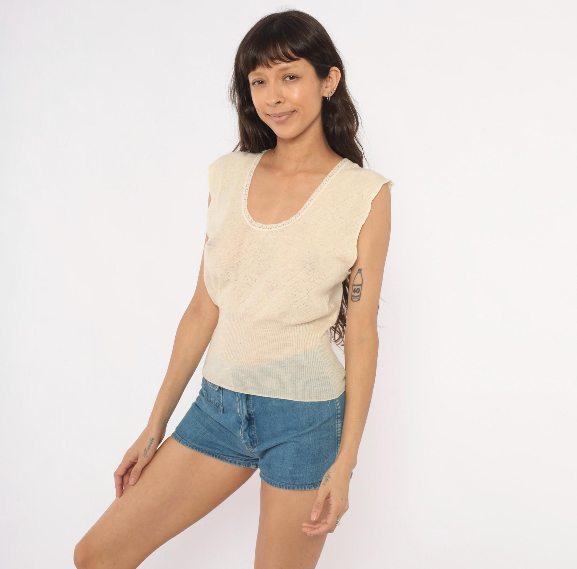 70s Chicas Therm Pointelle Knit Vest Cream Wool Scalloped Trim Extra Large