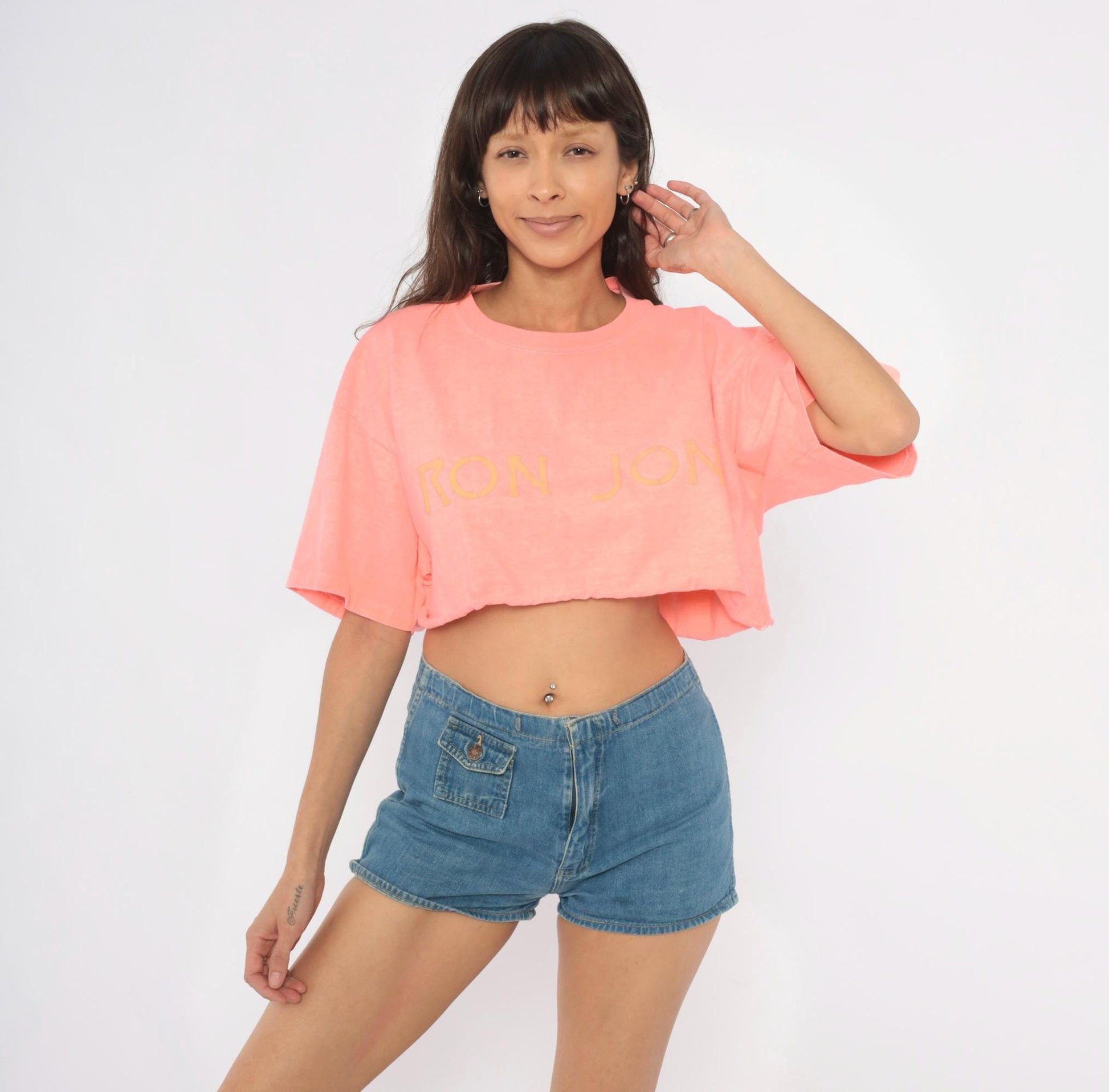 90s Ron Jon Surf Shop Neon Peach Crop Top Cotton Tee One Size