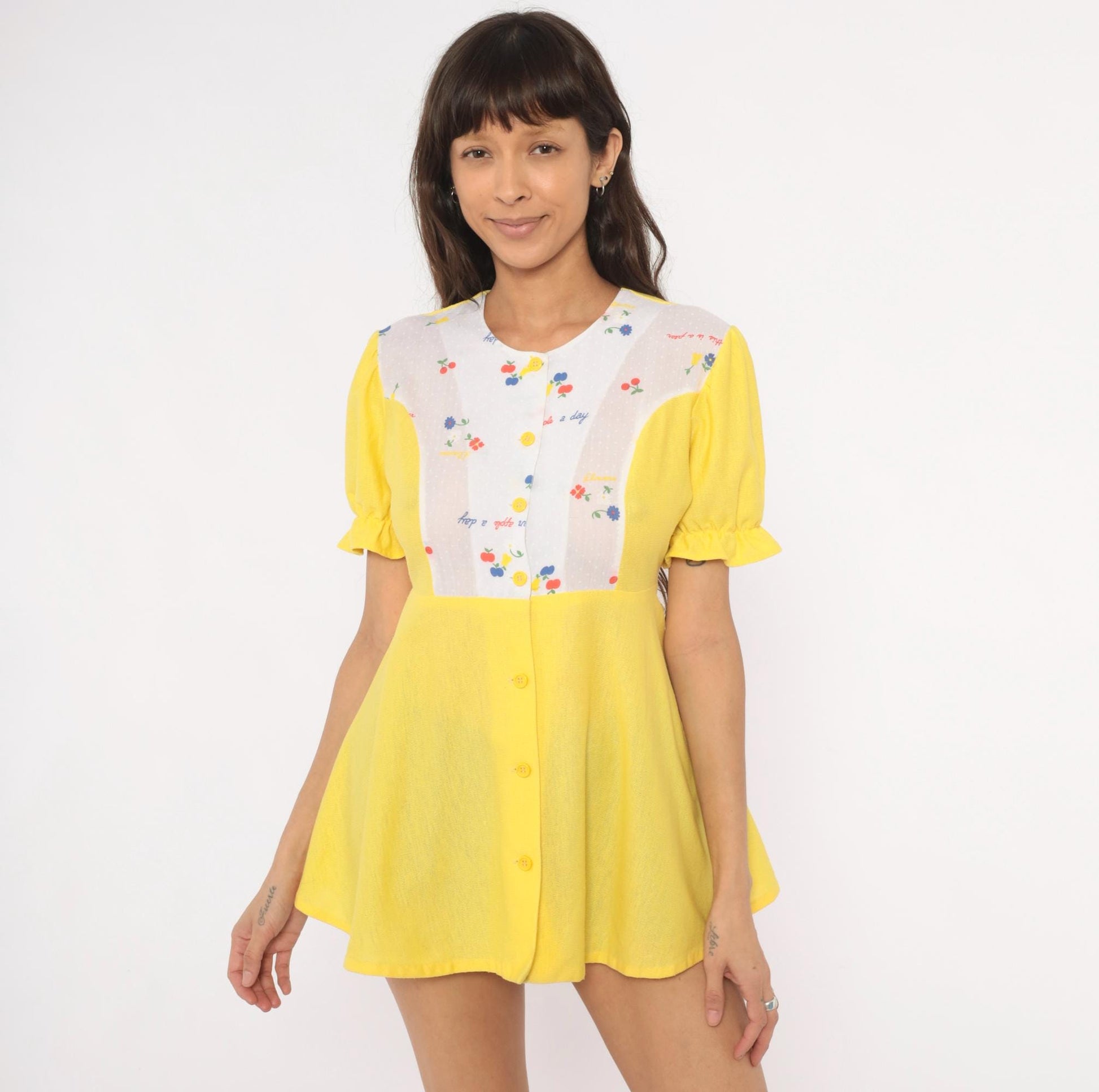 70s Yellow Babydoll Top Puff Sleeve Empire Waist Fruit Print Cotton Blouse Large