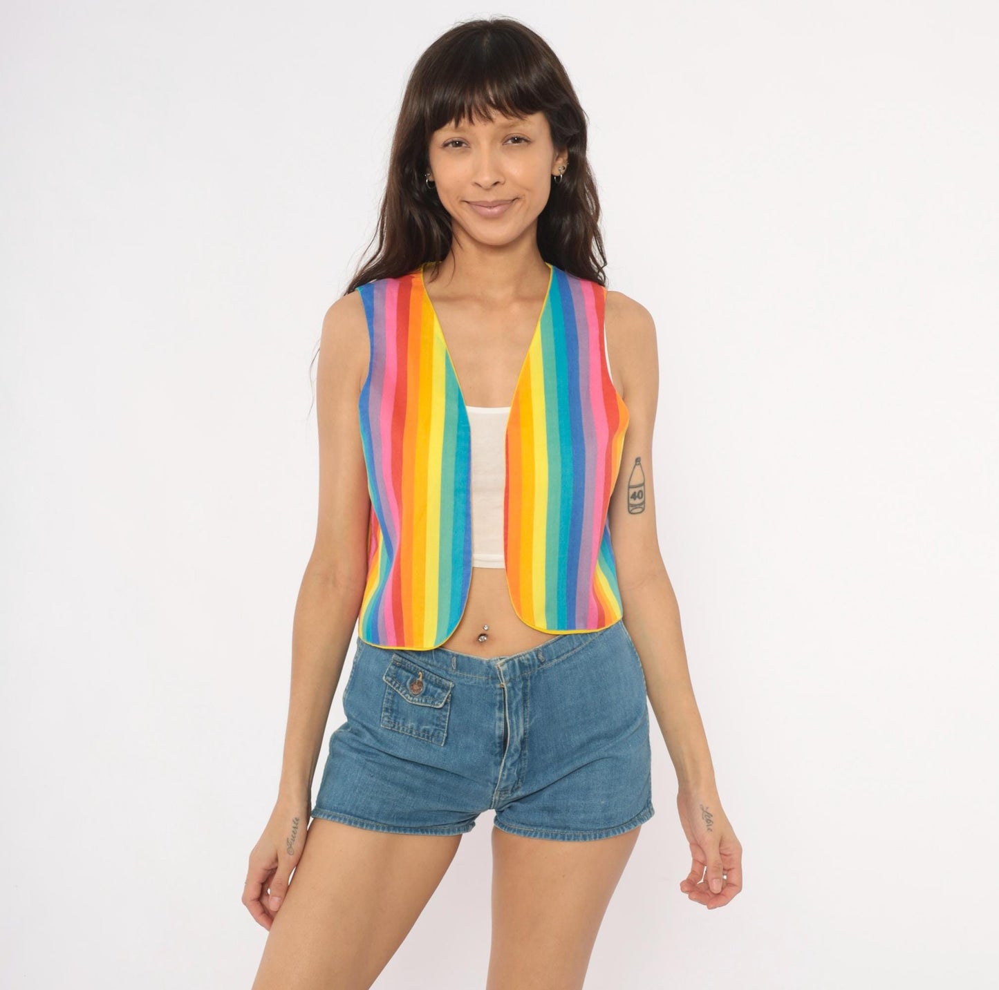 80s Rainbow Stripe Cotton Vest Reversible Yellow Lined Cropped Waistcoat Small