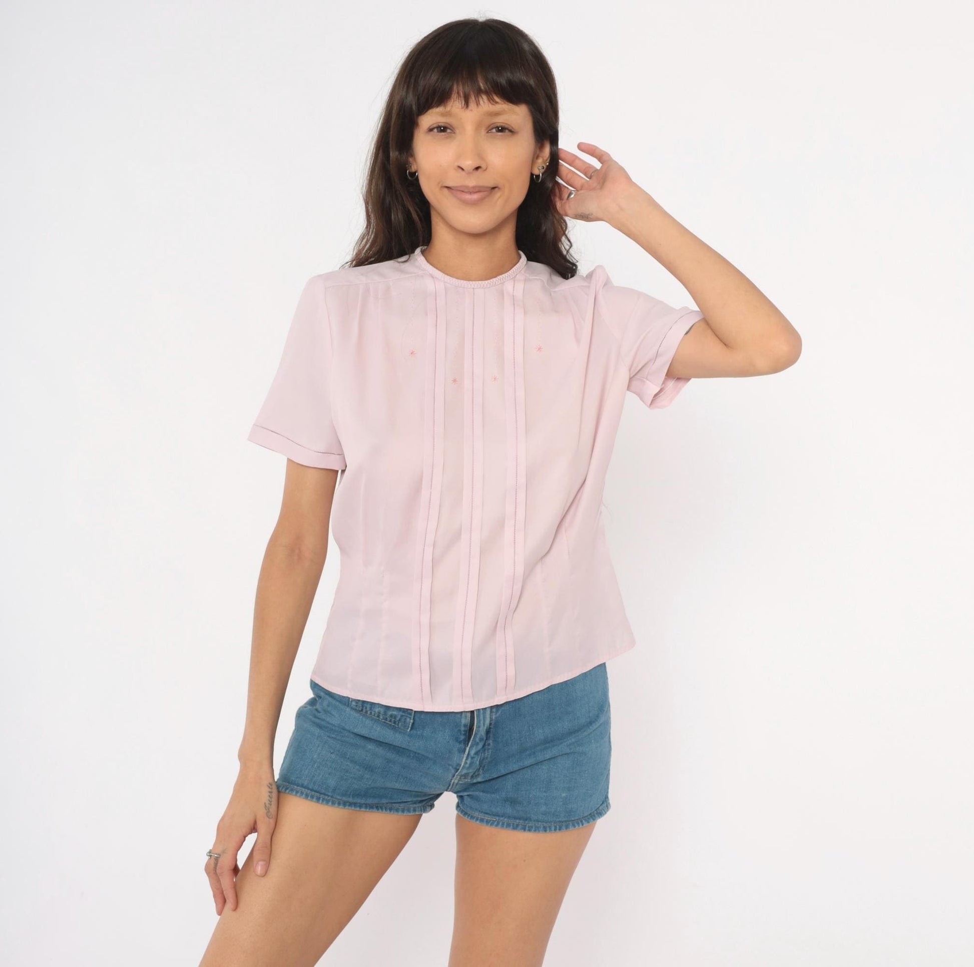 70s Mode de Paris Blush Pintuck Blouse Embroidered Star Crew Neck Medium