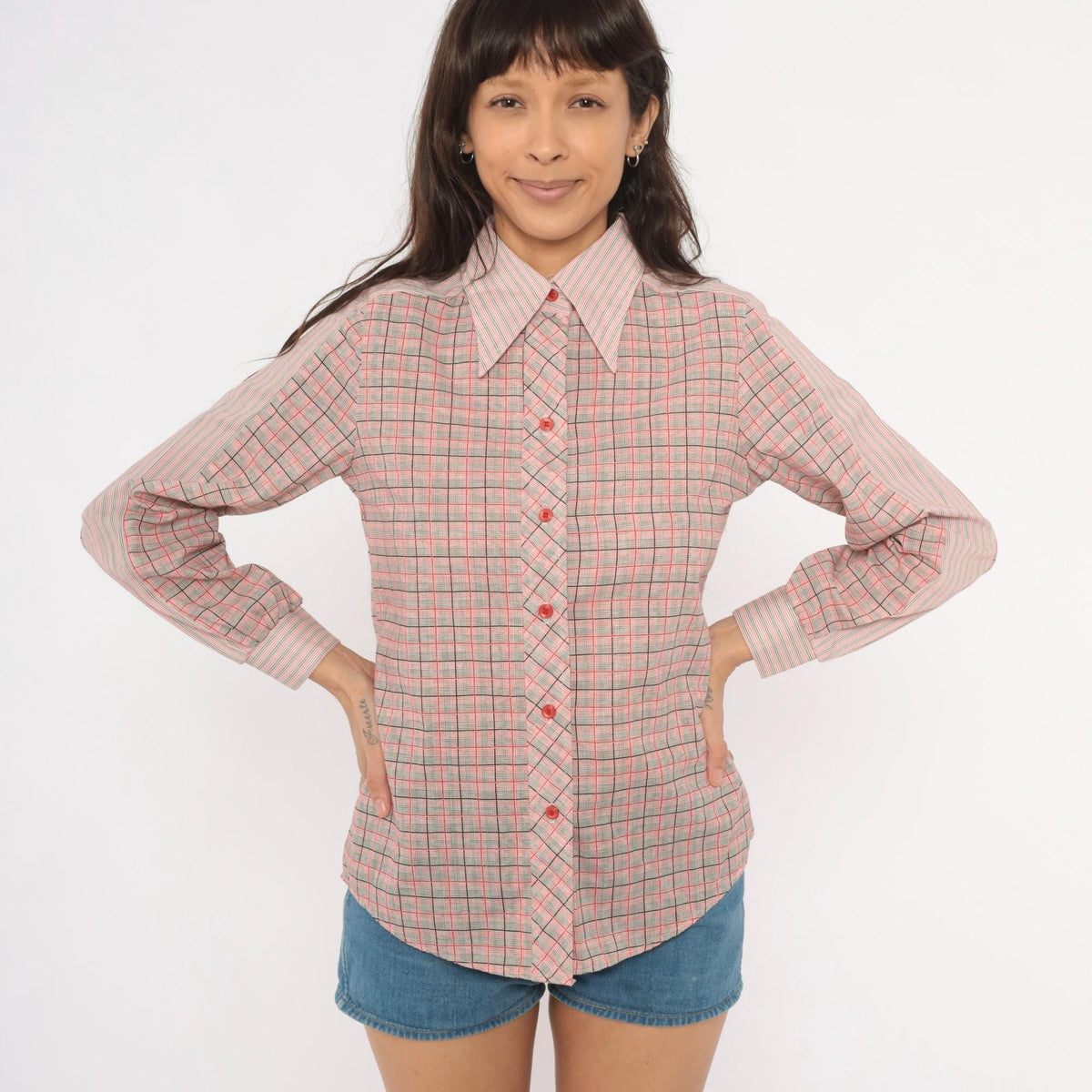 80s Plaid Button-Front Blouse Red Black Glen Check Pointed Collar Small