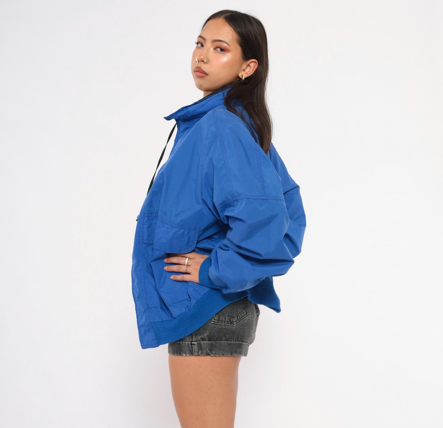 90s North Crest Cobalt Windbreaker Jacket Nylon Zip Front High Collar Large L