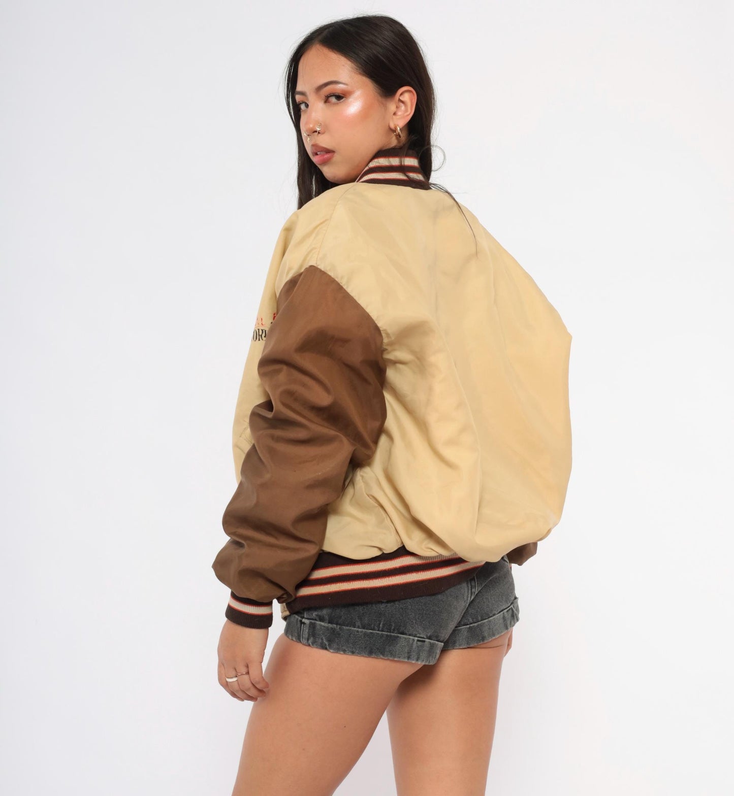 80s DeLong Sportswear Varsity Bomber Tan Brown Striped Nylon Windbreaker Extra Large XL