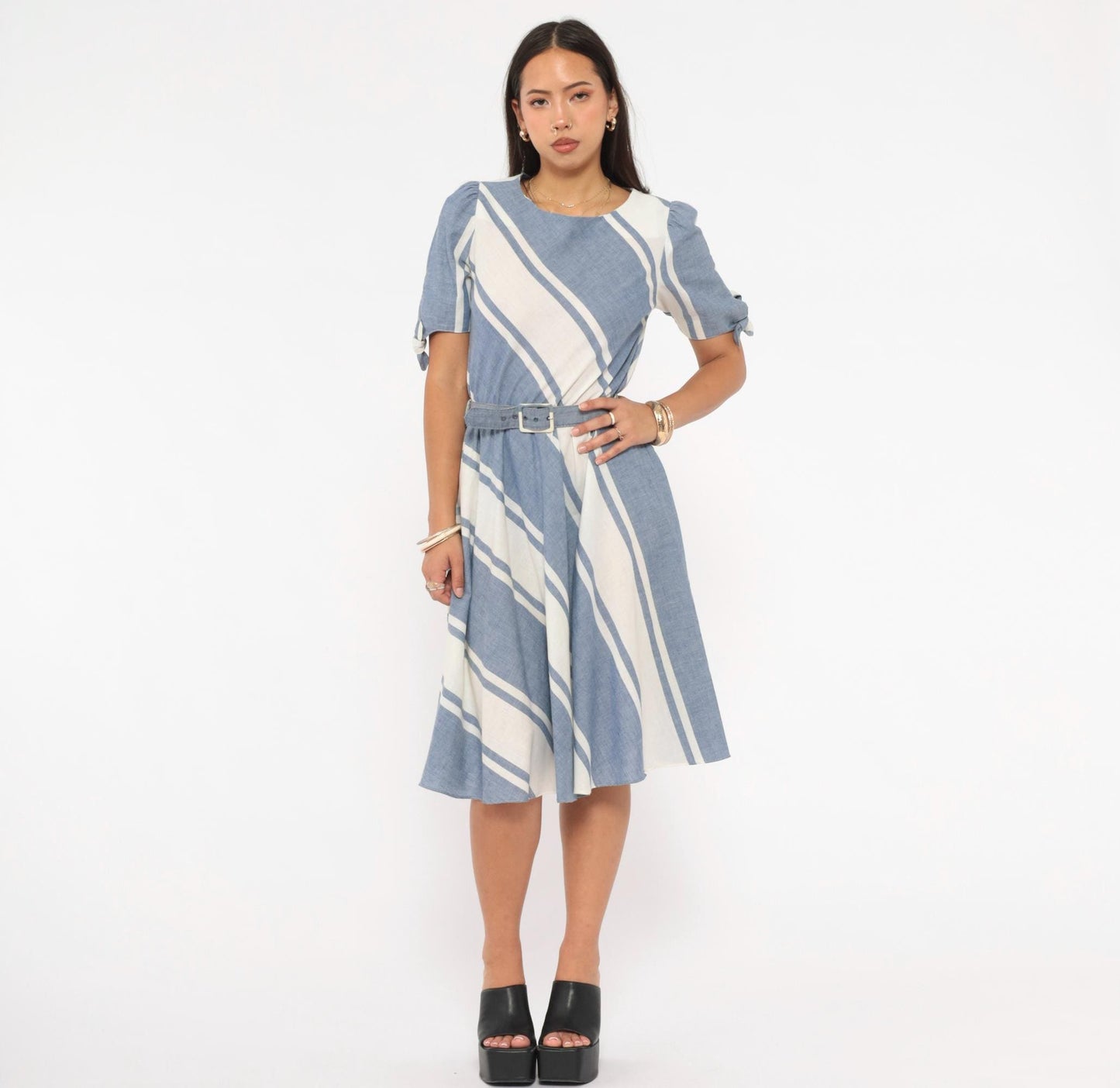 80s SL Petites Diagonal Stripe Dress Blue White Cotton Puff Sleeve Medium