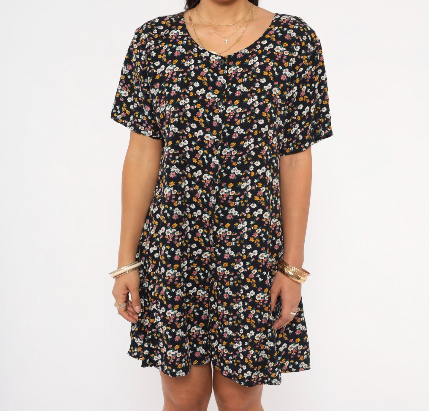 90s Center Aisle Black Floral Romper Daisy Print Rayon V-Neck Medium M