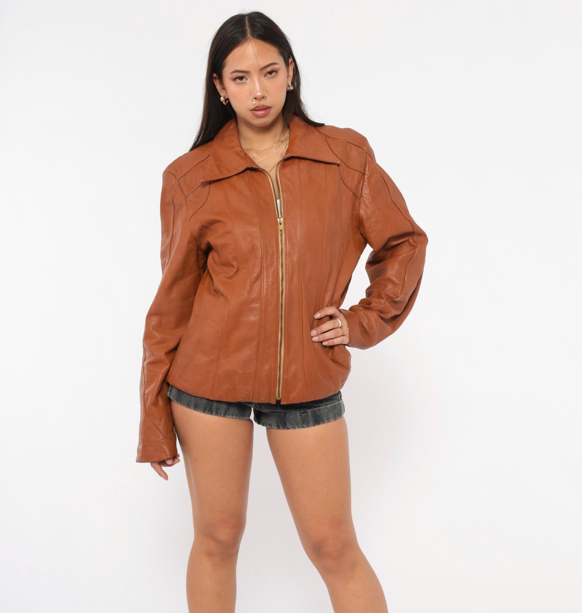70s Ricaro Cognac Leather Jacket Western Scalloped Yoke Zip Bomber Extra Large XL