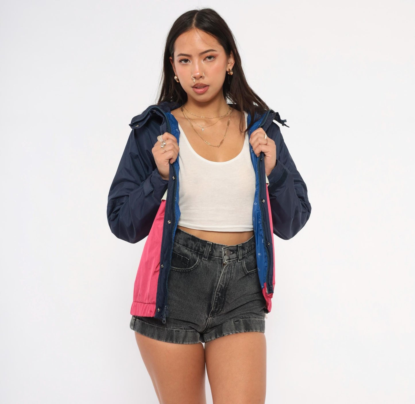 80s CB Sports Color Block Windbreaker Navy Pink Hooded Jacket Medium