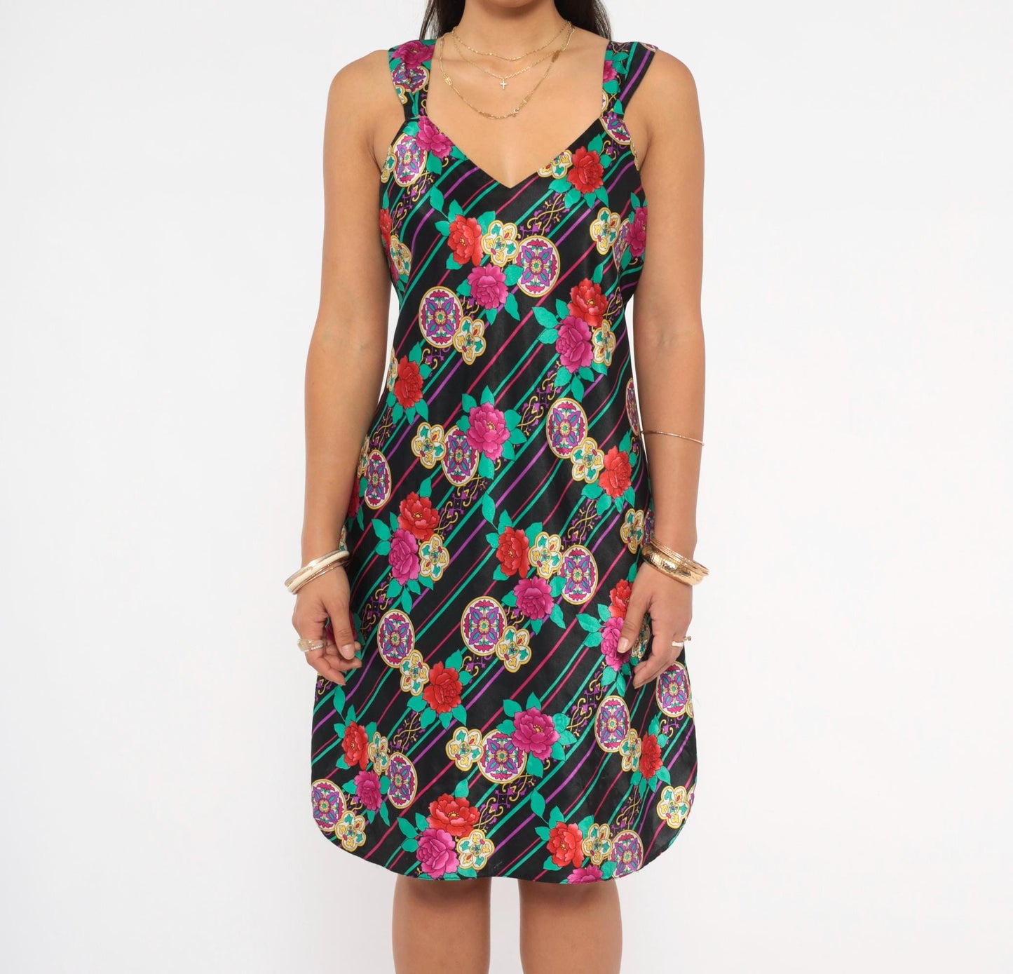 90s Emanuell Floral Medallion Slip Dress Black Fuchsia Teal Knee-Length Medium