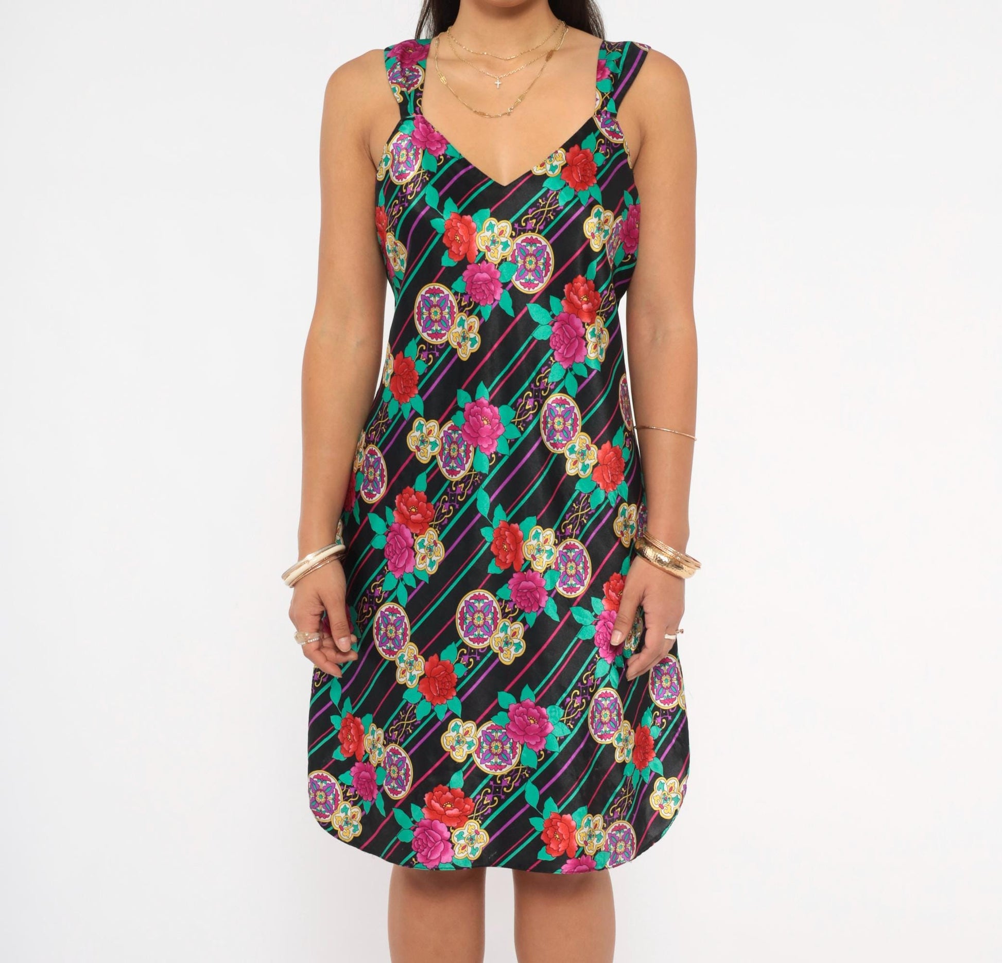 90s Emanuell Floral Medallion Slip Dress Black Fuchsia Teal Knee-Length Medium