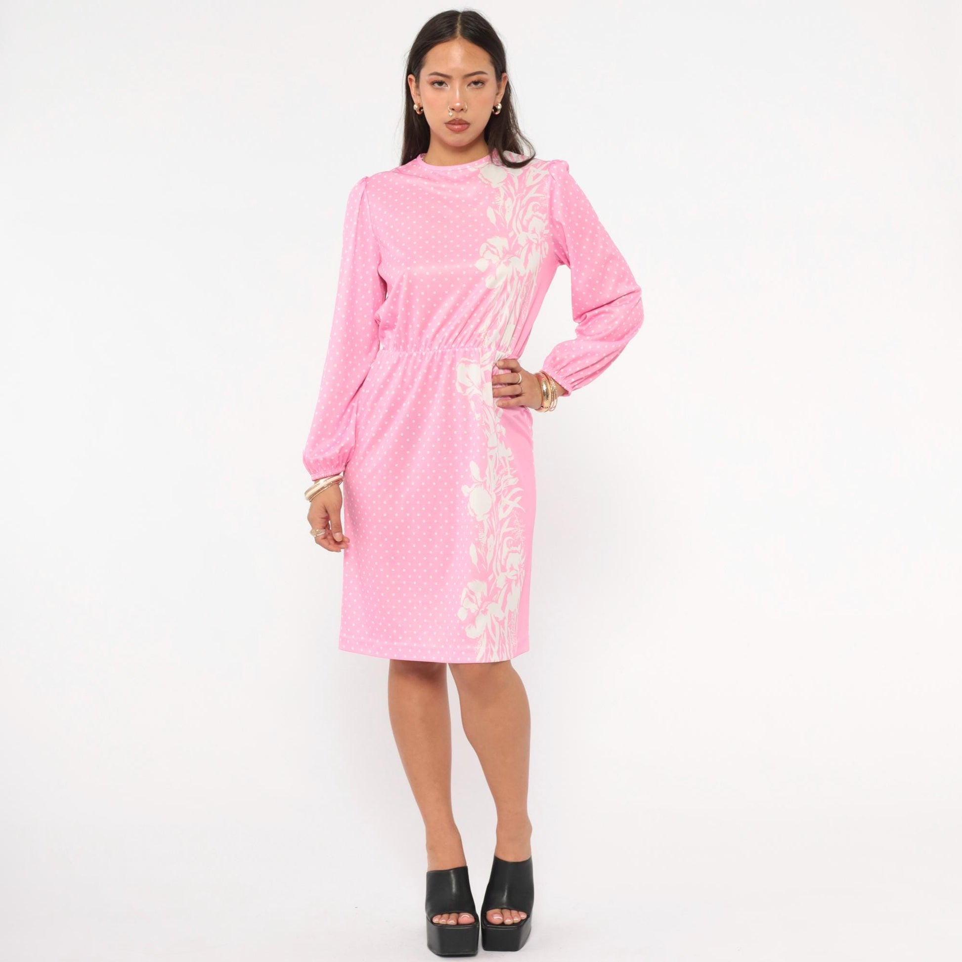 80s Blair Pink Polka Dot Dress Puff Sleeve Floral Print Knee-Length Small