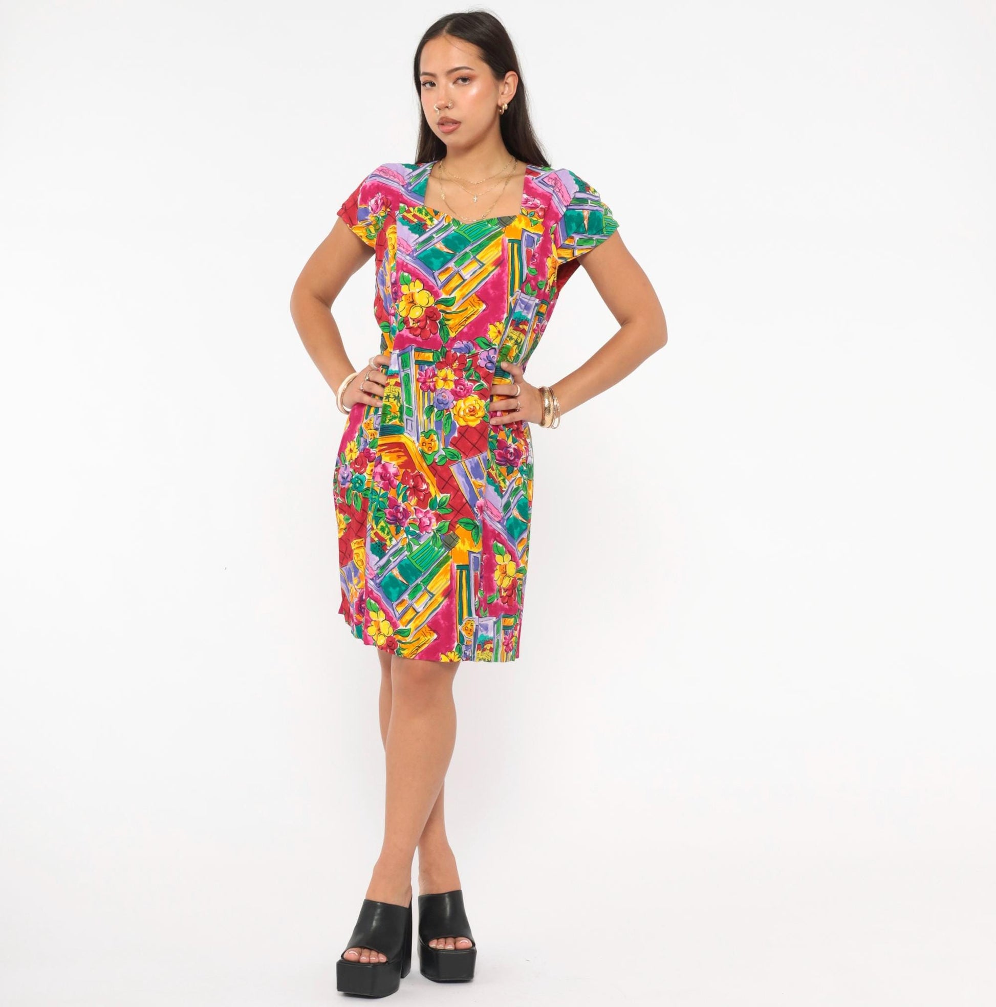 90s Jessica Howard Floral Shift Dress Sweetheart Neckline Knee-Length Medium M