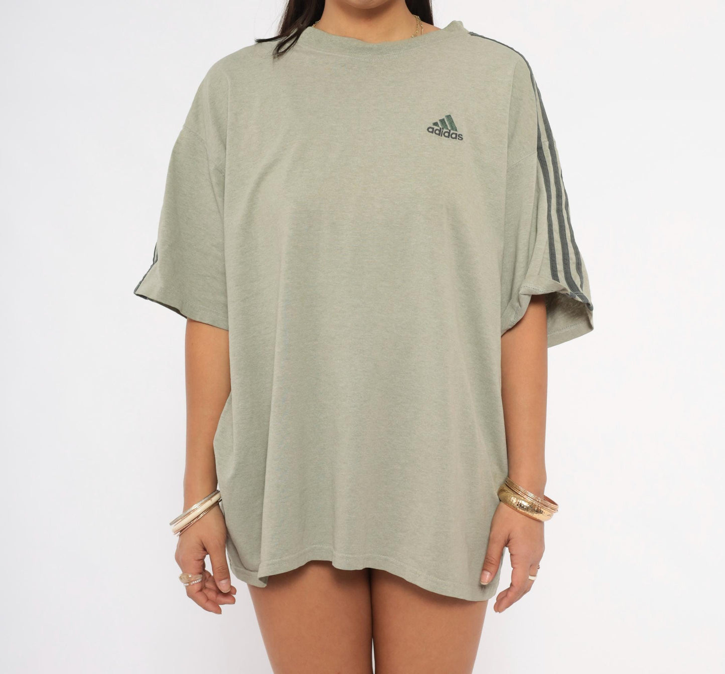 Y2K Adidas Three Stripe Tee Grey Embroidered Logo Cotton Medium