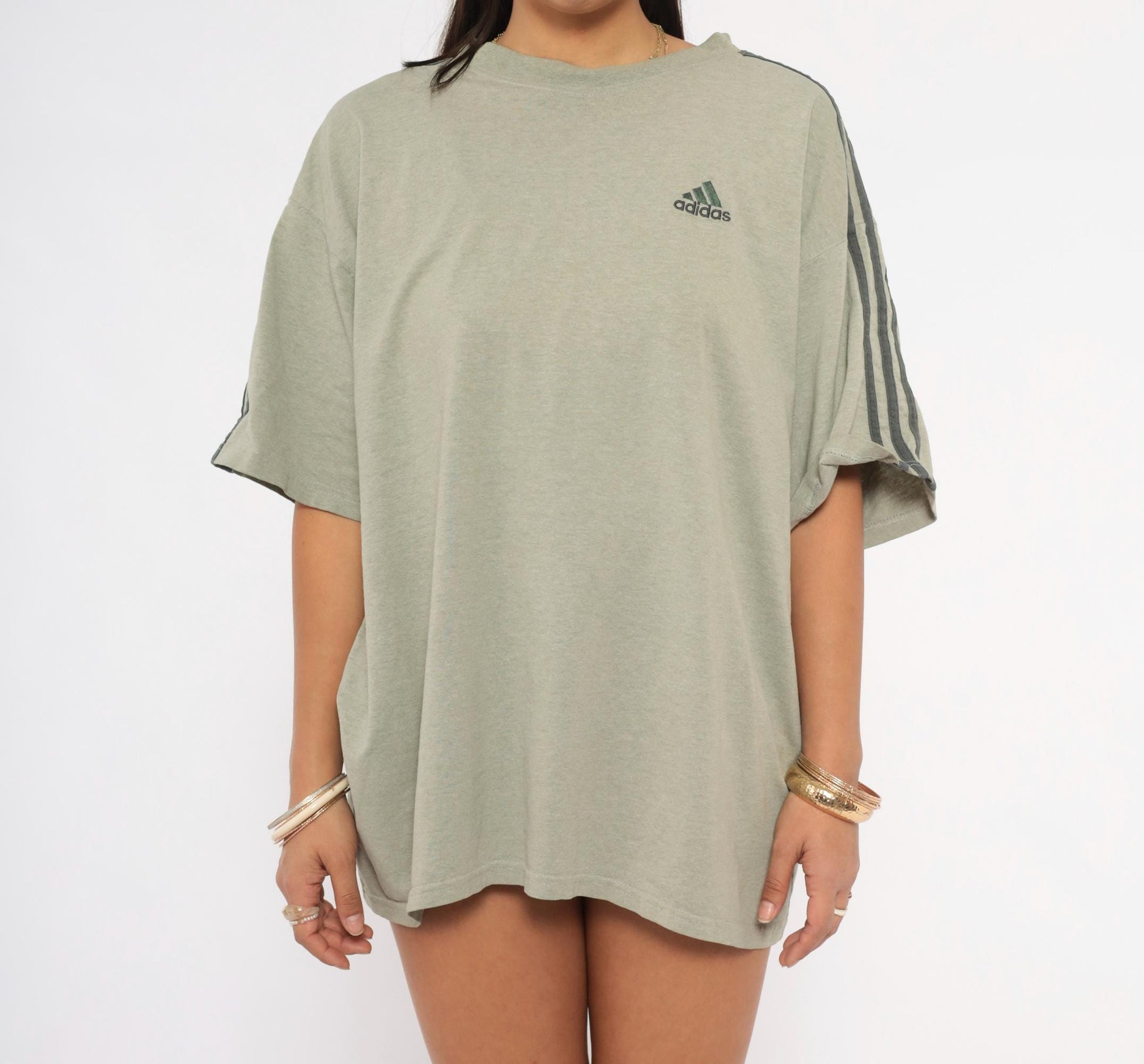 Y2K Adidas Three Stripe Tee Grey Embroidered Logo Cotton Medium