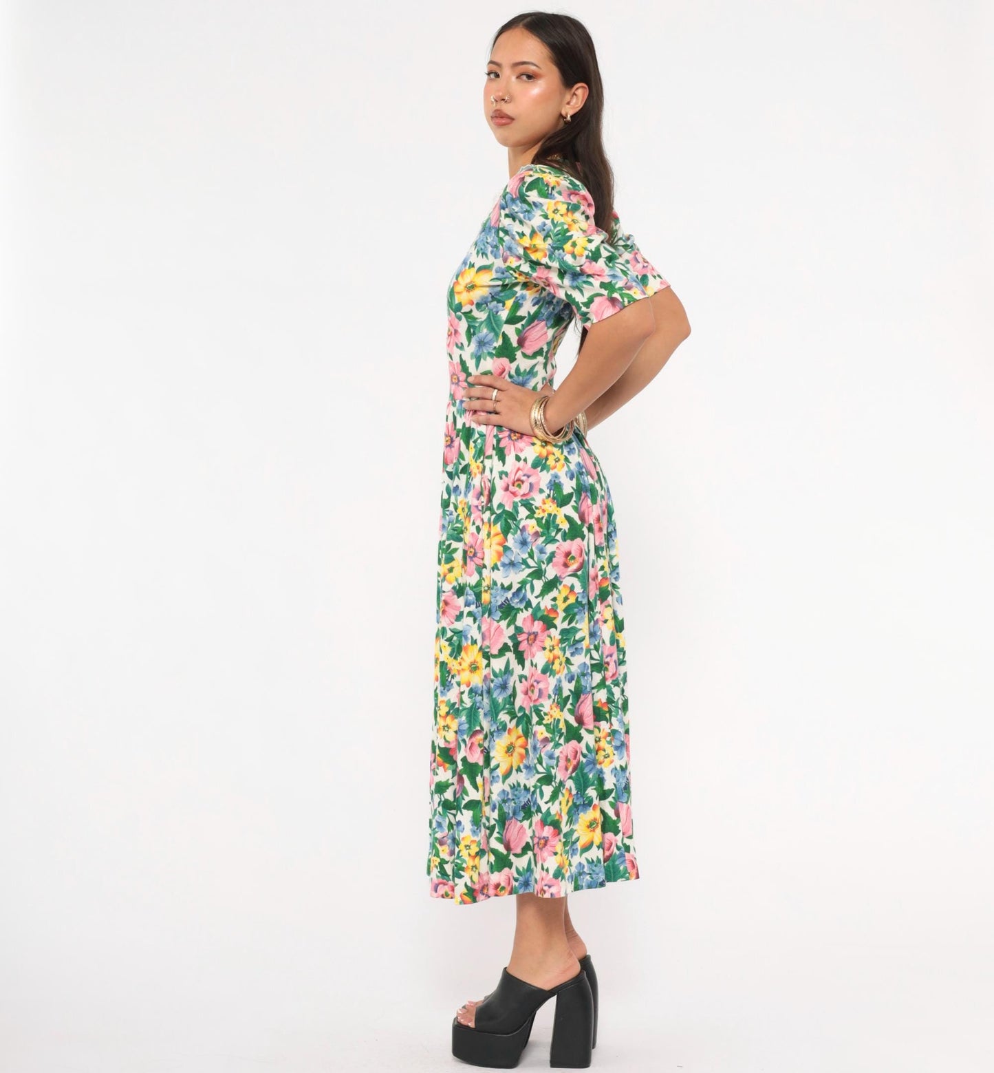 90s Expo Floral Midi Dress Puff Sleeve Lace Collar Cream Multicolor Small