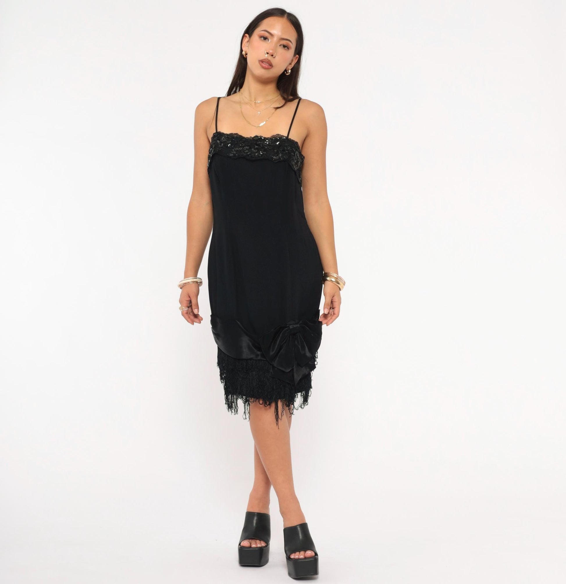 90s Roberta Black Mini Slip Dress Sequin Bustline Fringe Hem Extra Small XS
