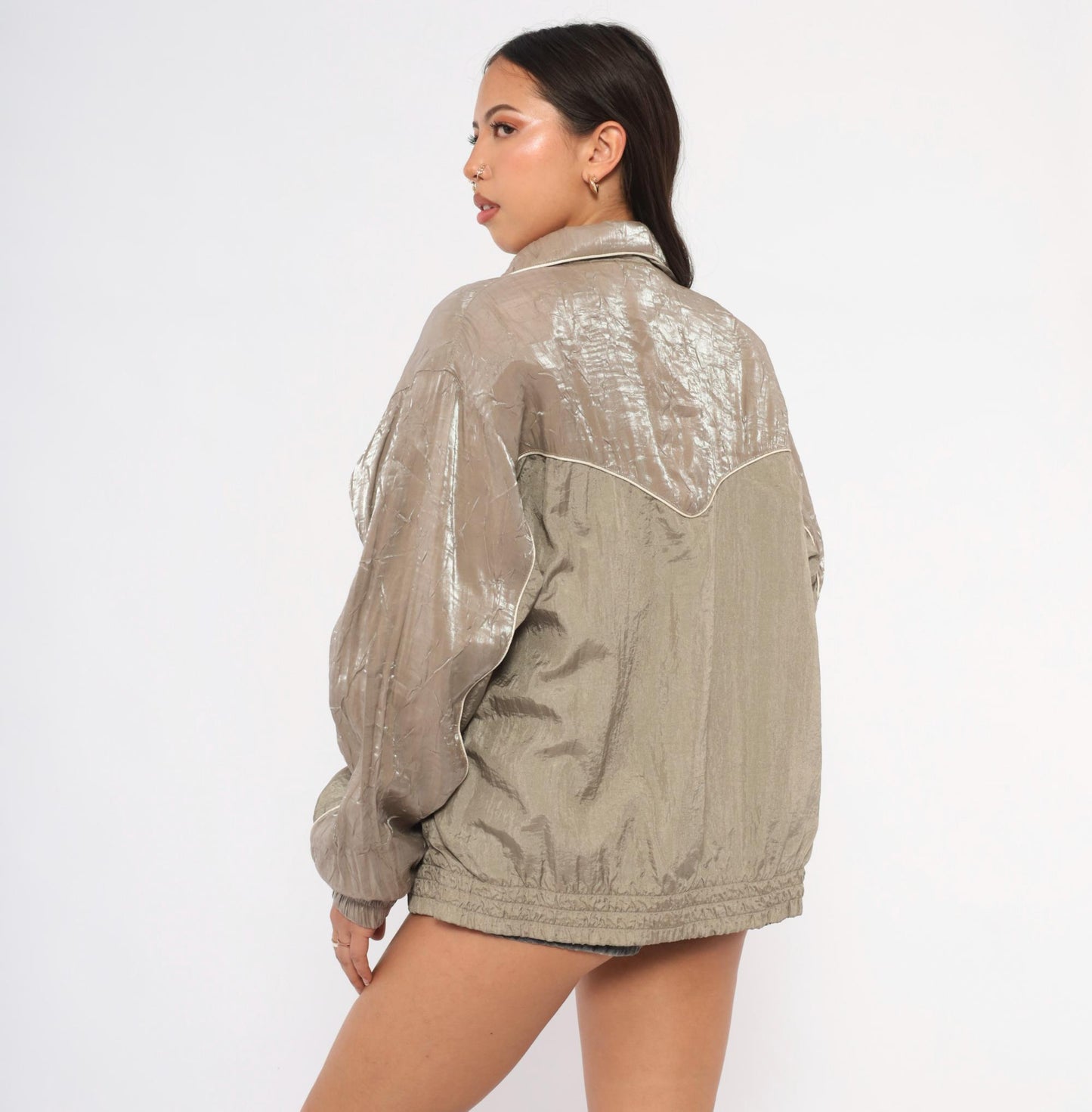 90s Cabin Creek Windbreaker Taupe Nylon Jacket Cream Piping Medium M